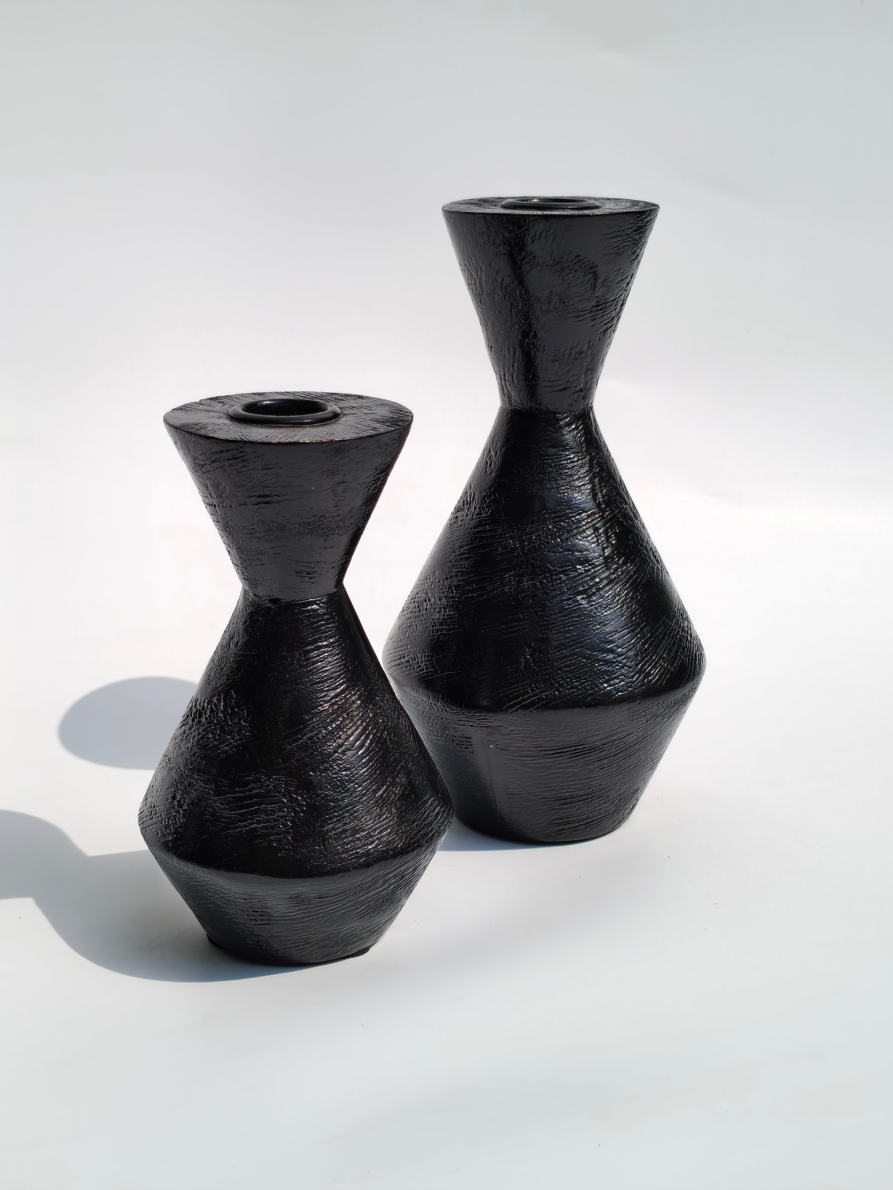 Geometric Black Wooden Candle Holder – Handcrafted Taper Stand