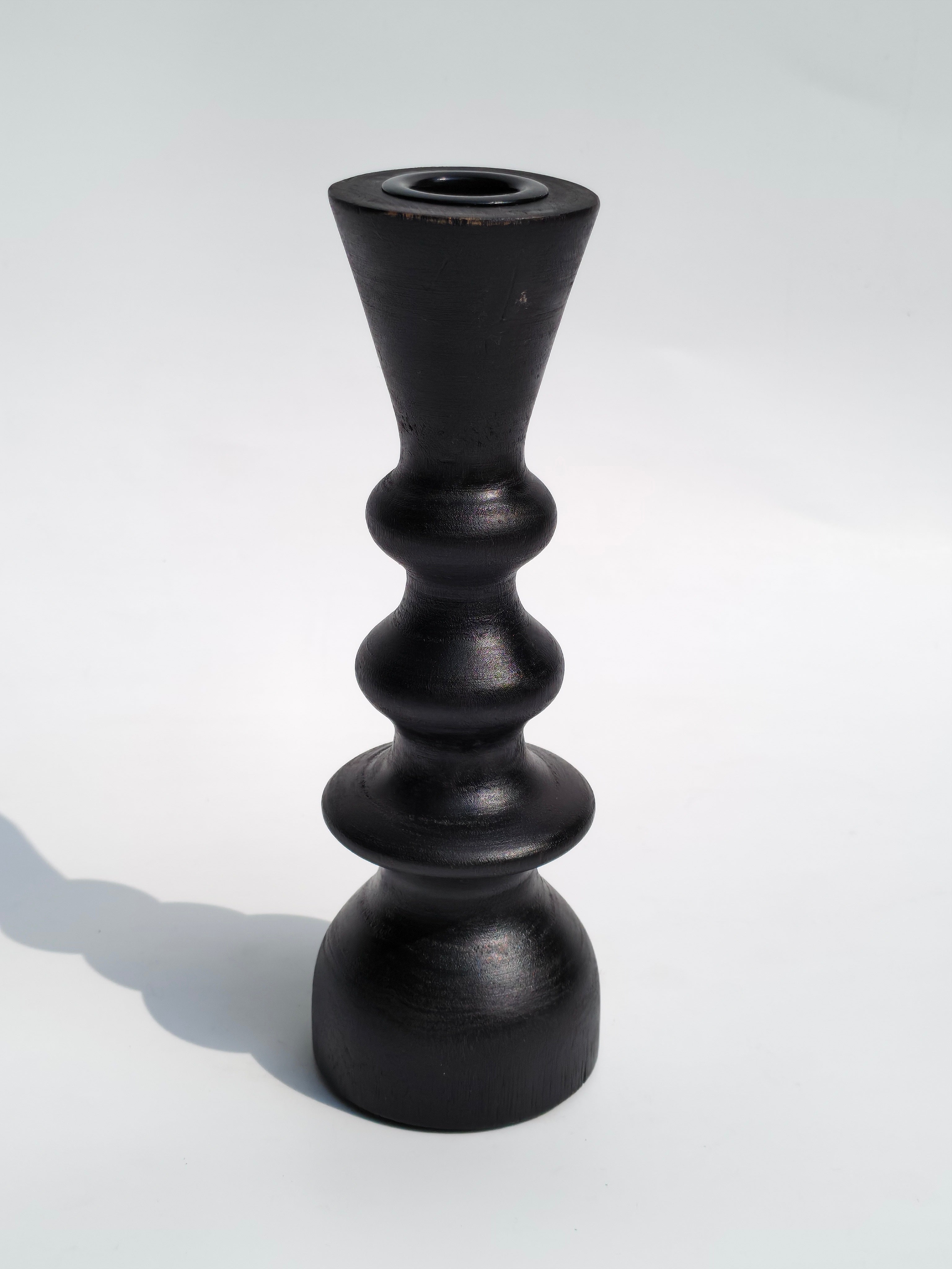 Handcrafted Matte Black Wooden Candle Holder – Modern Sculptural Design