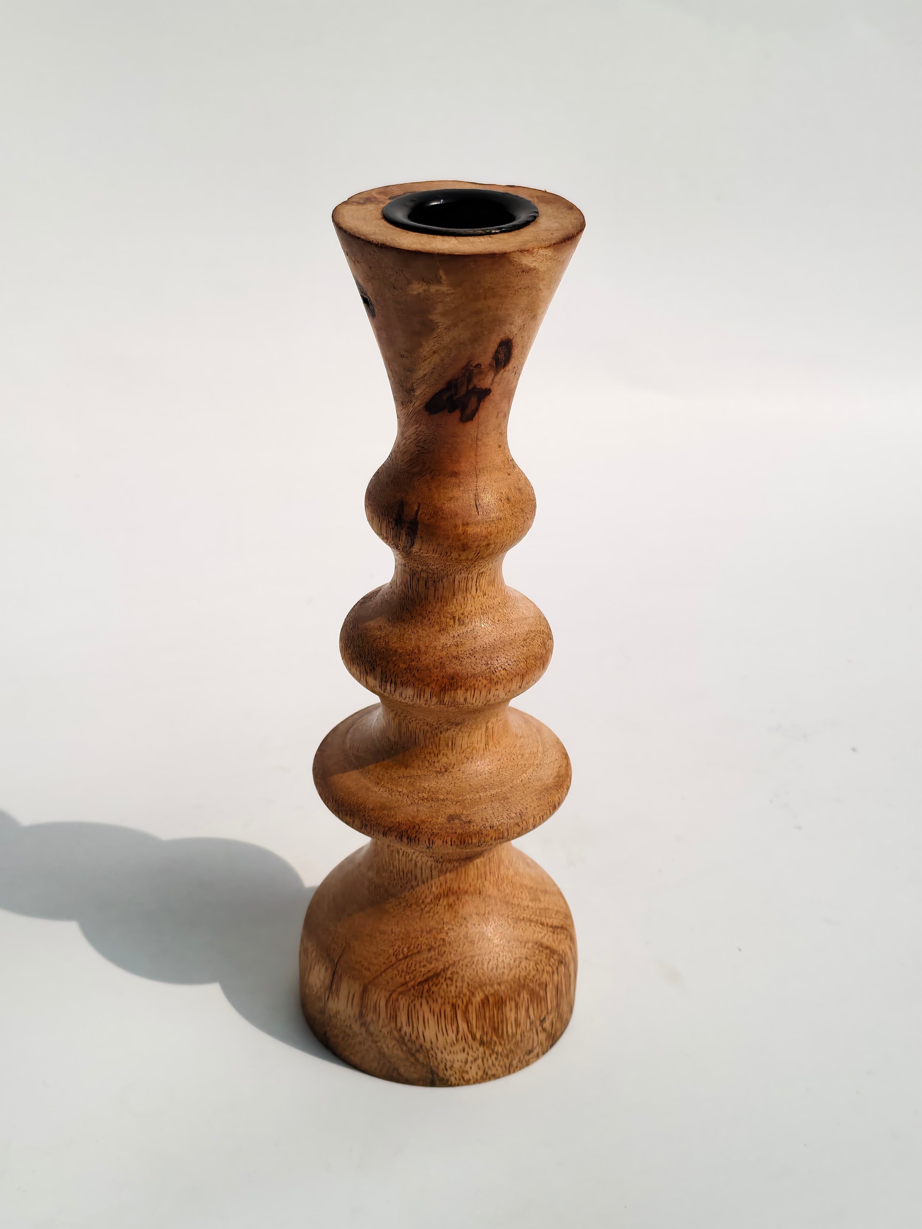 Handcrafted Wooden Candle Holder with Black Metal Inlay