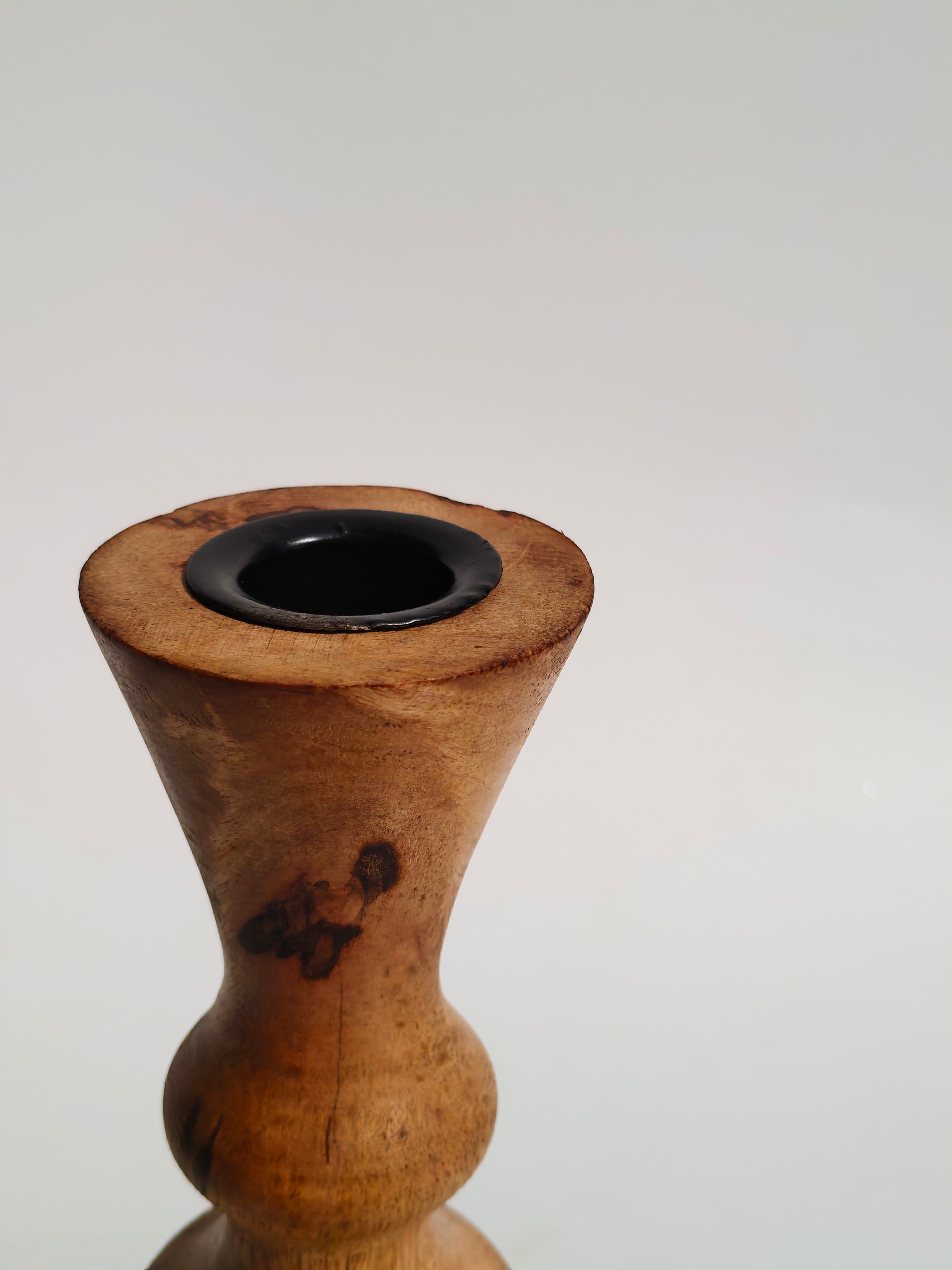 Handcrafted Wooden Candle Holder with Black Metal Inlay