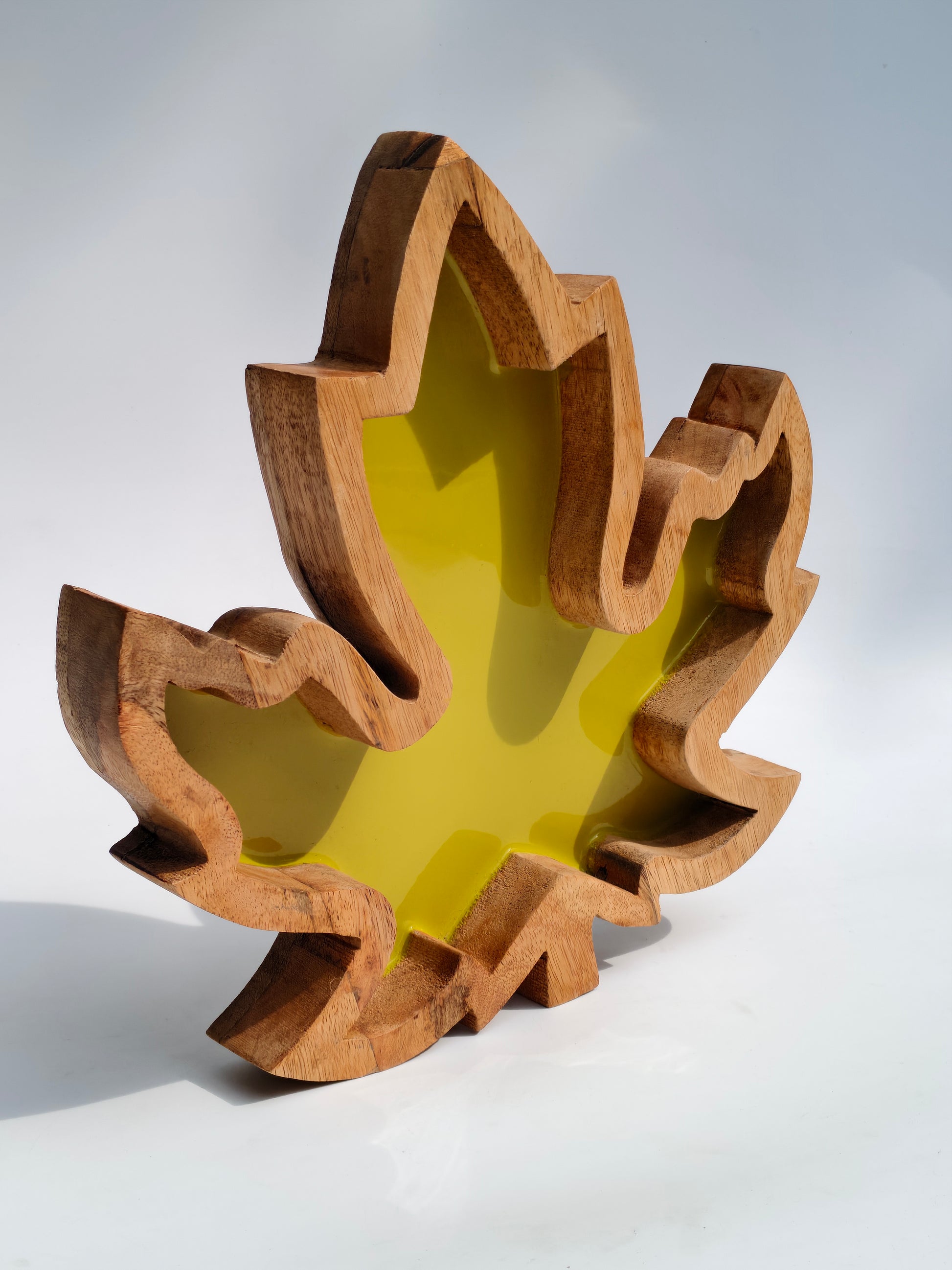 Handcrafted Wooden Maple Leaf Tray & Platter with Yellow Resin Inlay