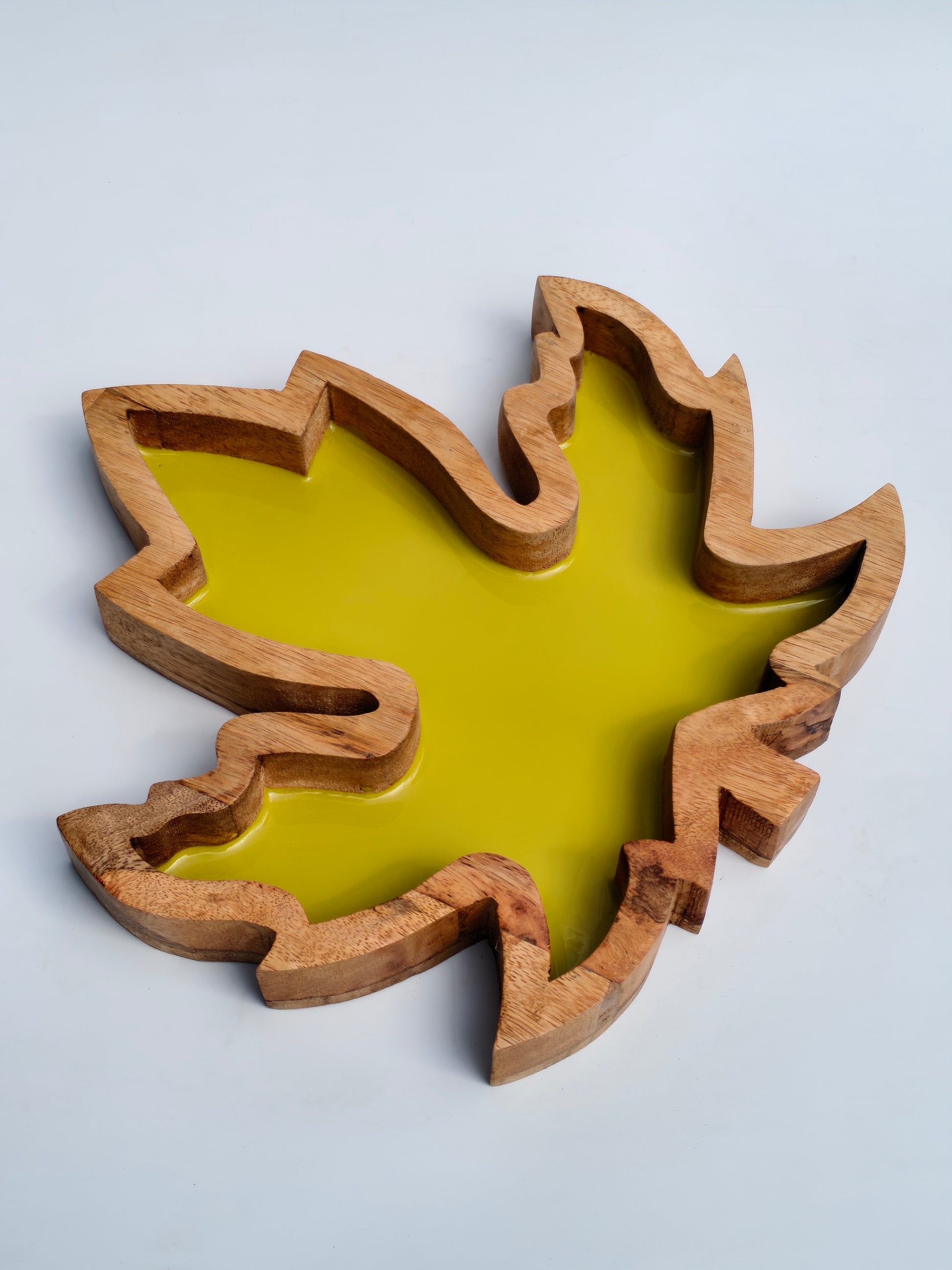 Handcrafted Wooden Maple Leaf Tray & Platter with Yellow Resin Inlay