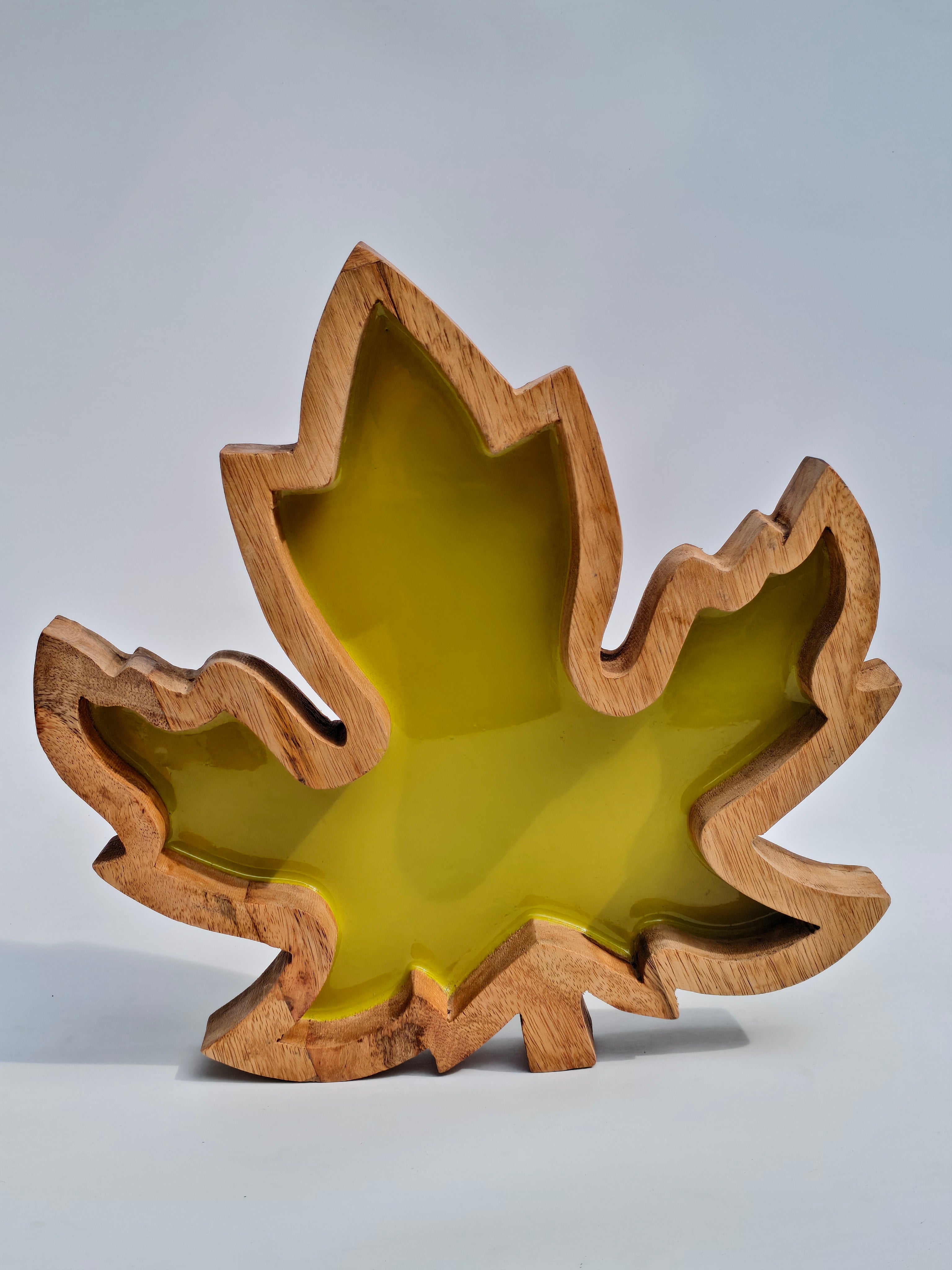 Wooden Maple Leaf Tray & Platter with Yellow Resin Inlay