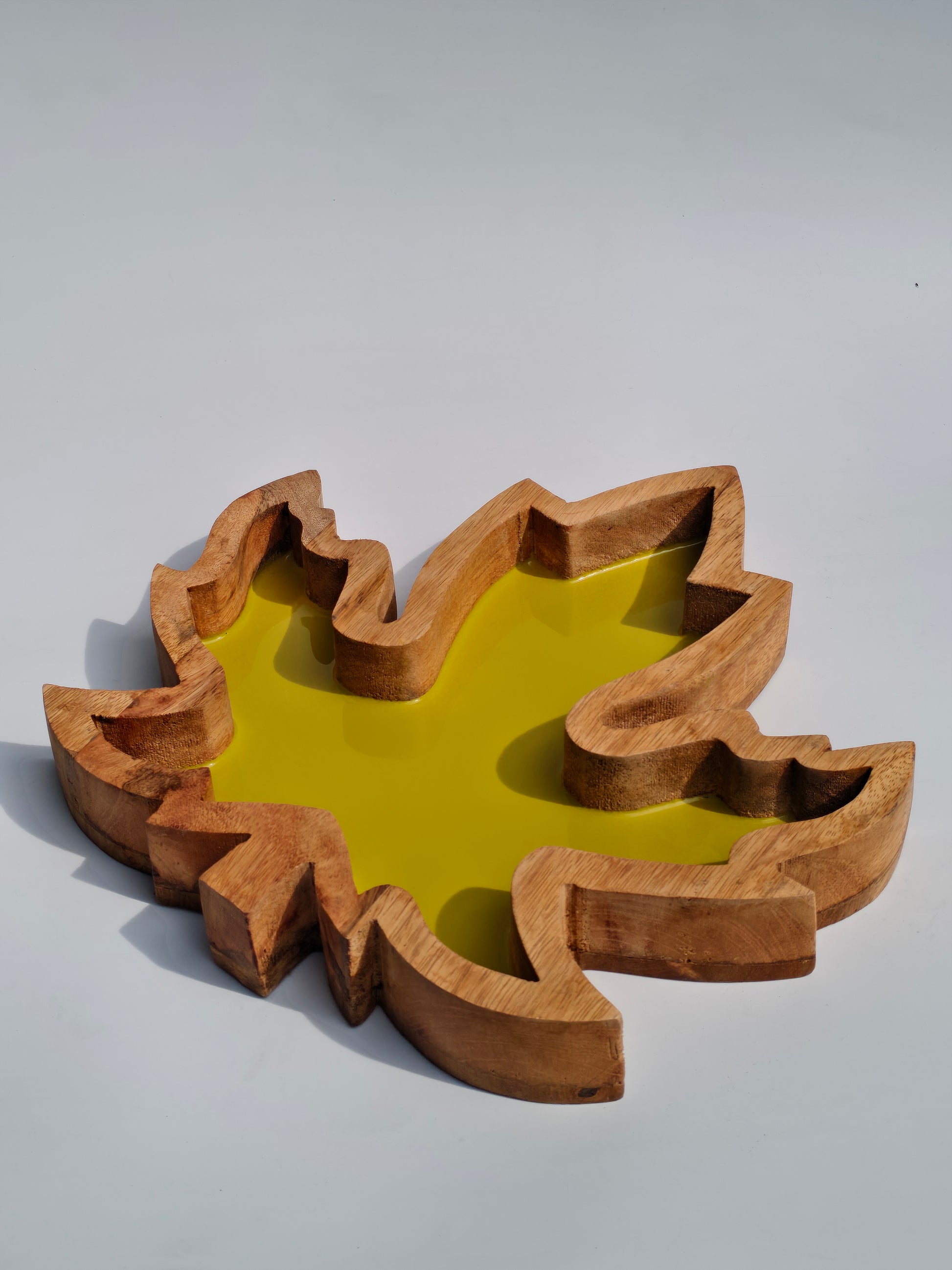 Handcrafted Wooden Maple Leaf Tray & Platter with Yellow Resin Inlay