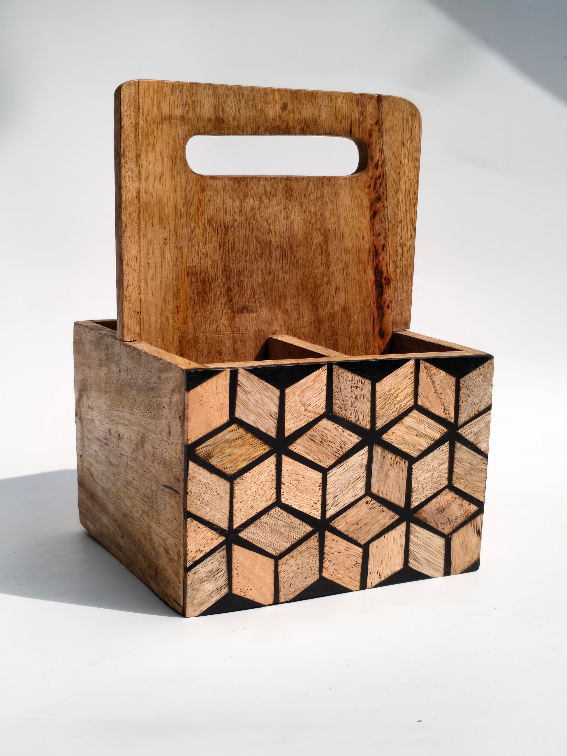 Handcrafted Wooden Caddy Organizer with Geometric Design & Handle