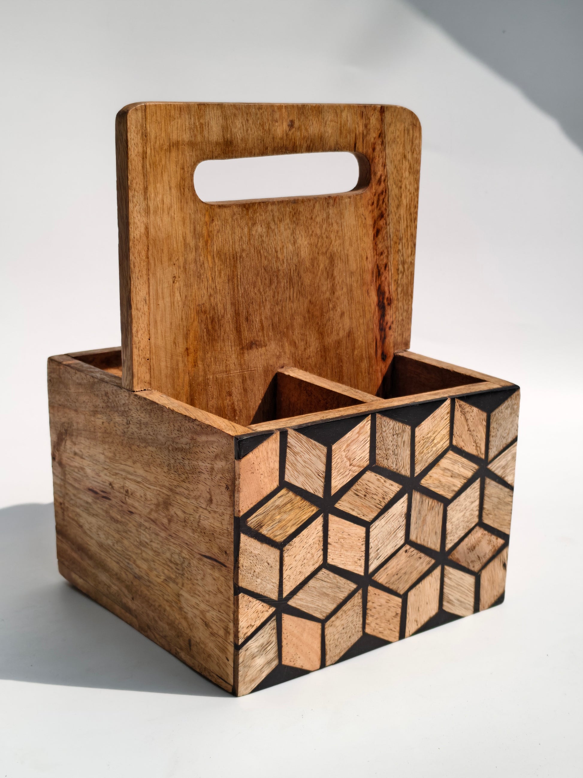 Handcrafted Wooden Caddy Organizer with Geometric Design & Handle