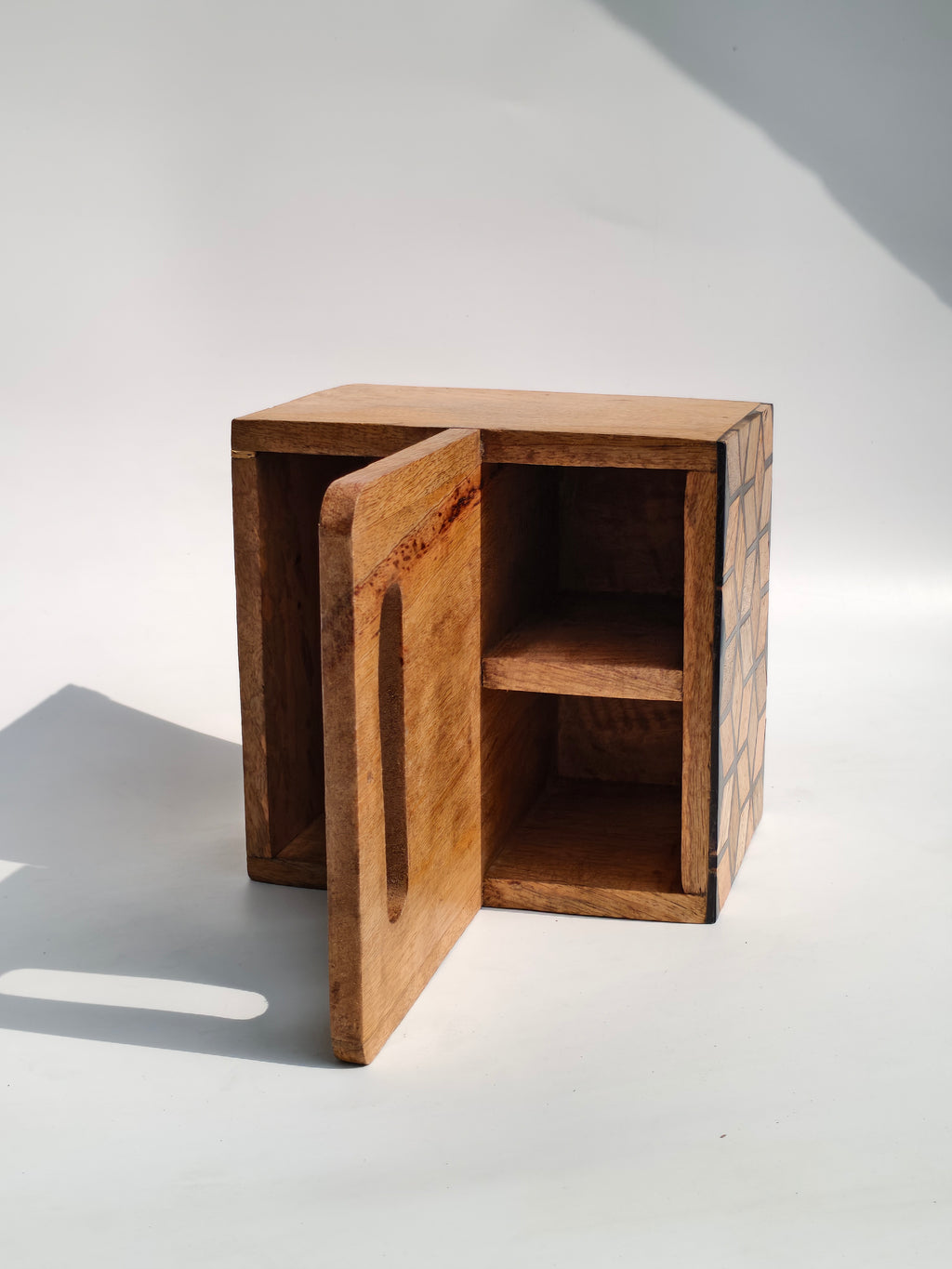 Handcrafted Wooden Caddy Organizer with Geometric Design & Handle