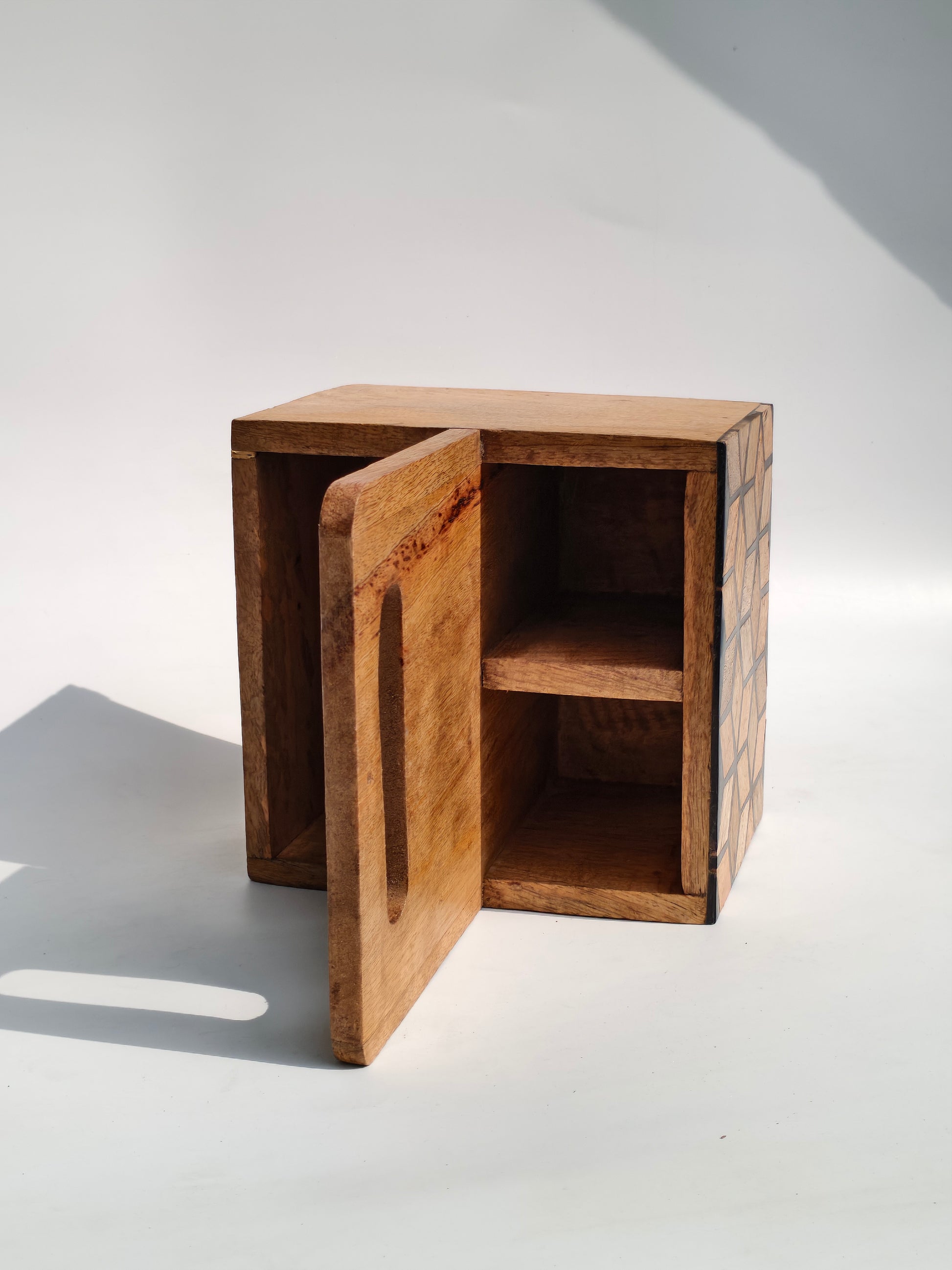 Handcrafted Wooden Caddy Organizer with Geometric Design & Handle