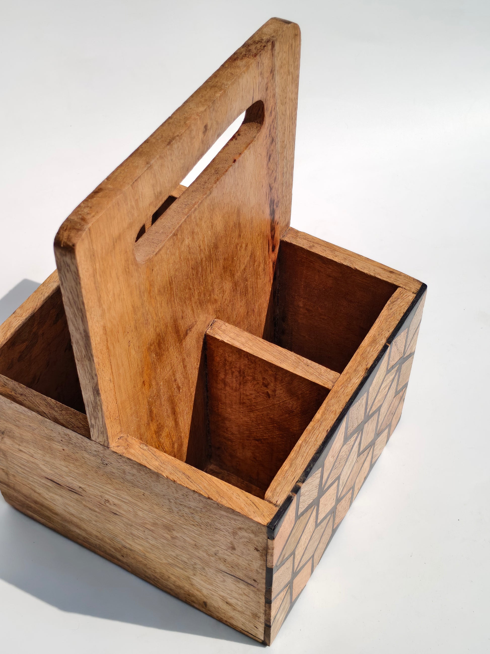 Handcrafted Wooden Caddy Organizer with Geometric Design & Handle