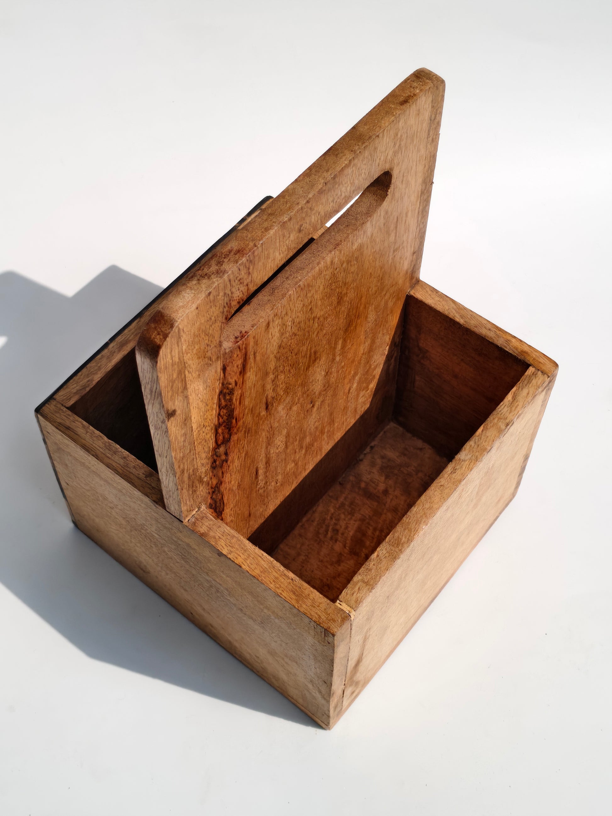 Handcrafted Wooden Caddy Organizer with Geometric Design & Handle