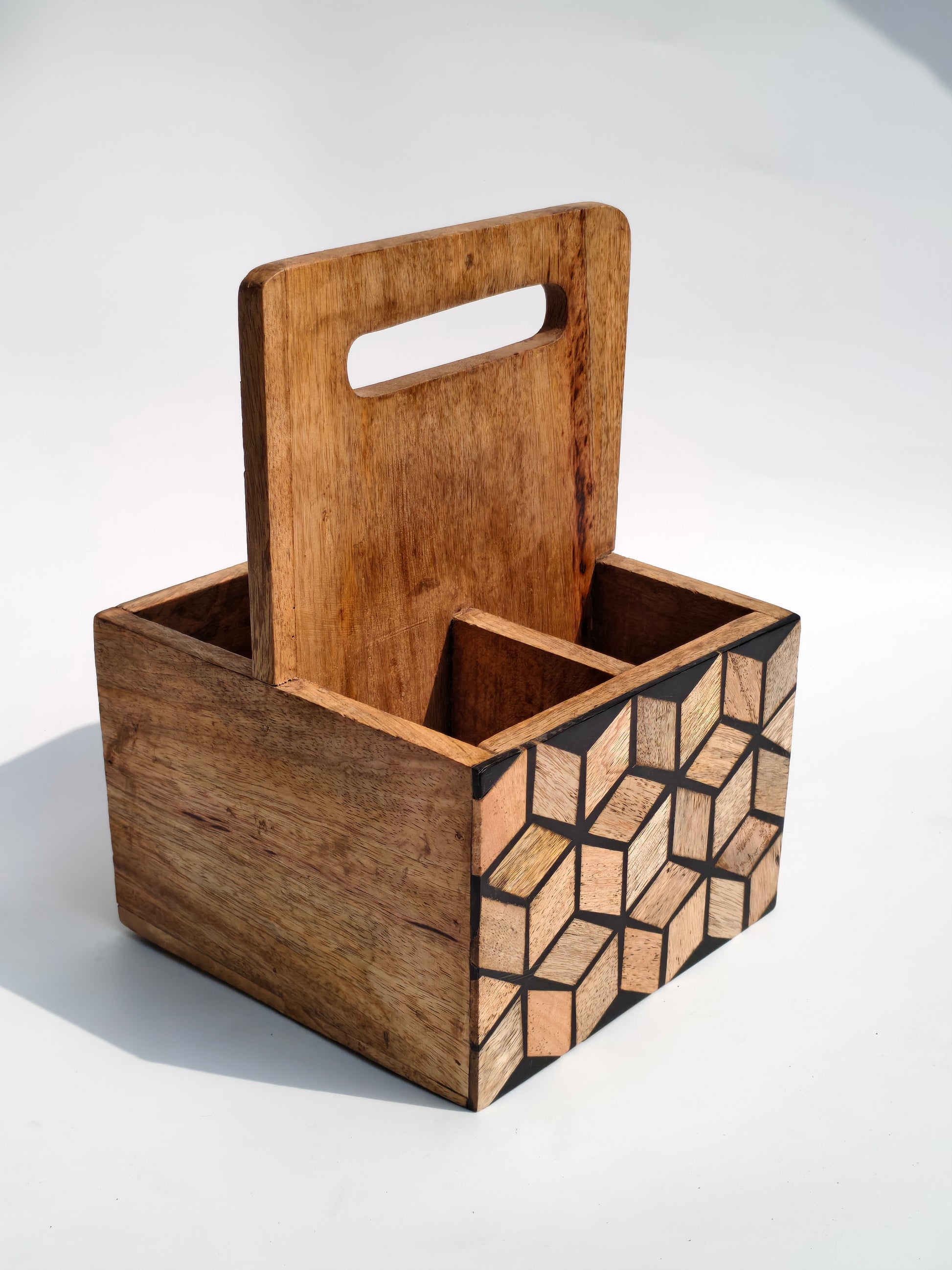 Handcrafted Wooden Caddy Organizer with Geometric Design & Handle