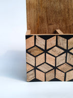 Wooden Caddy Organizer with Geometric Design & Handle
