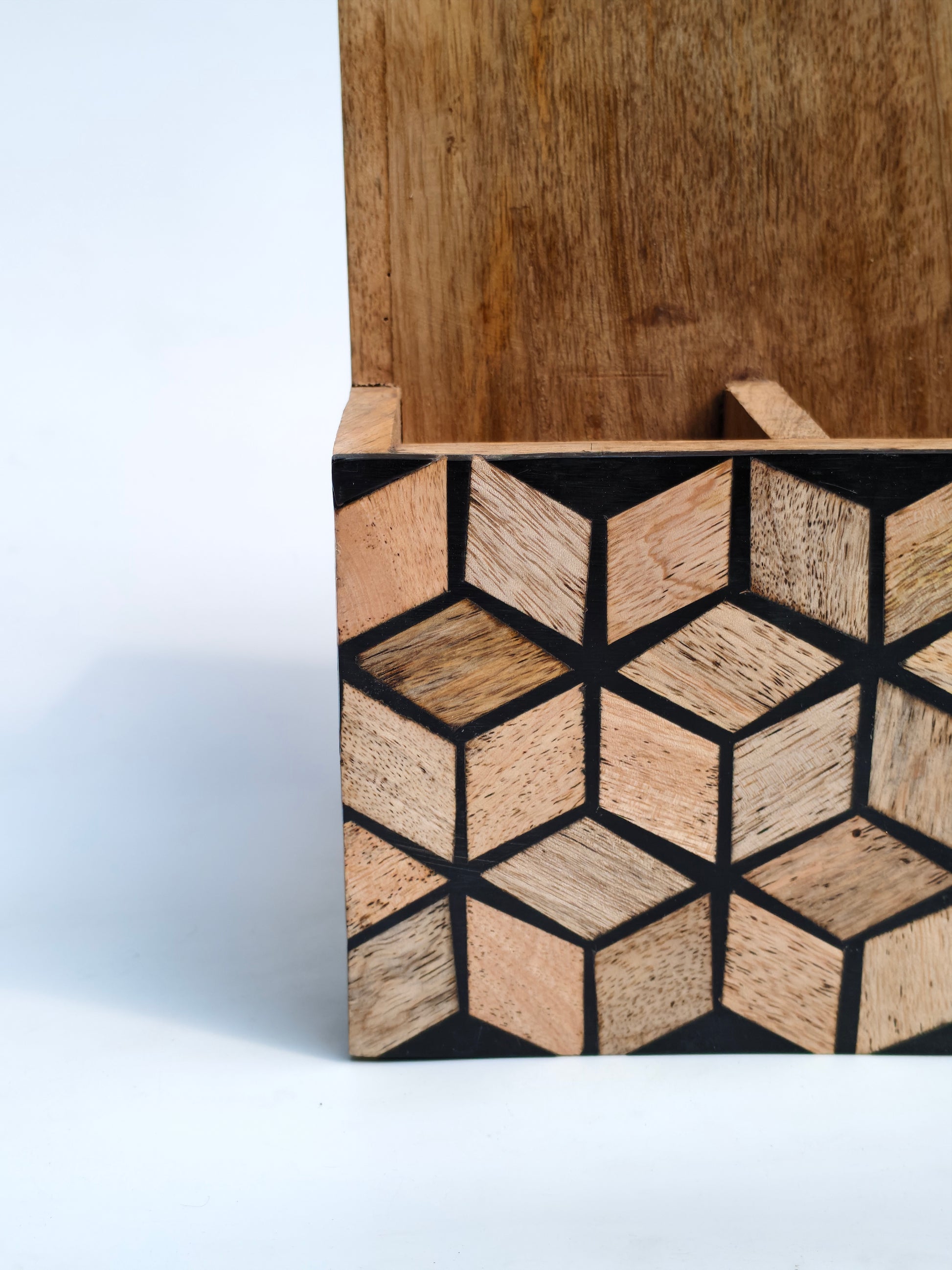Handcrafted Wooden Caddy Organizer with Geometric Design & Handle