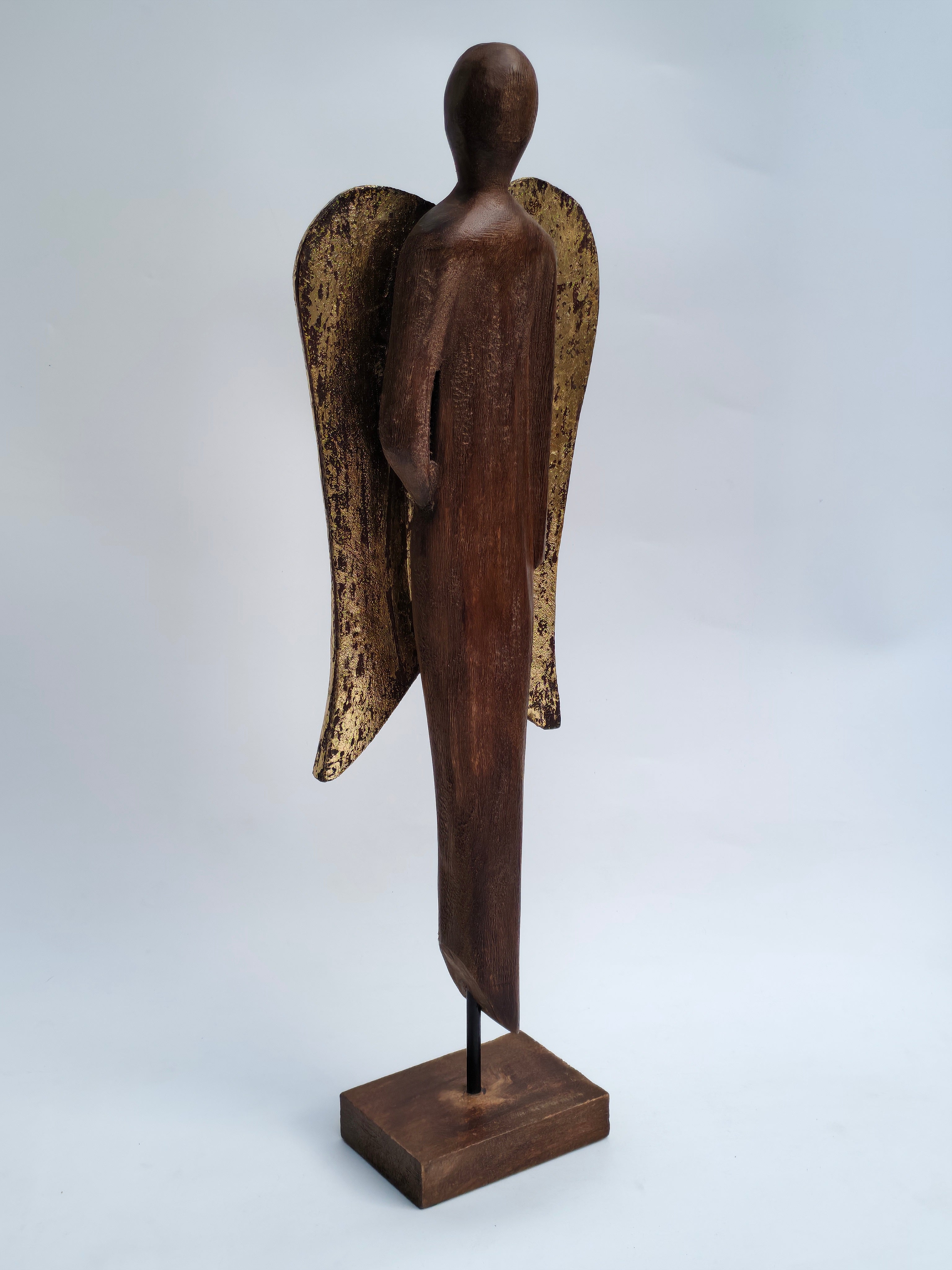 Handcrafted Wooden Angel Figurine with Gold Wings – Tall Spiritual Décor