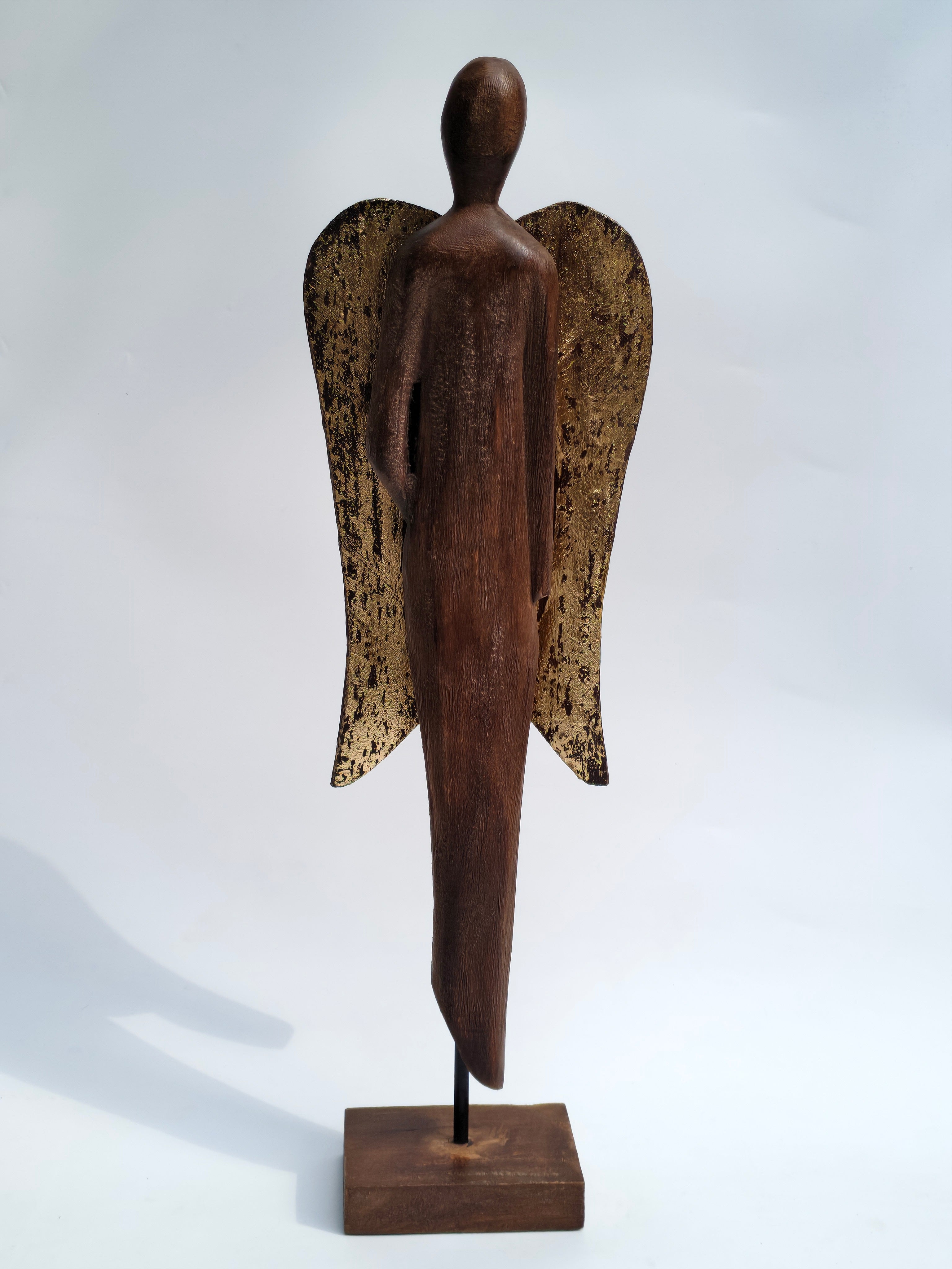 Handcrafted Wooden Angel Figurine with Gold Wings – Tall Spiritual Décor