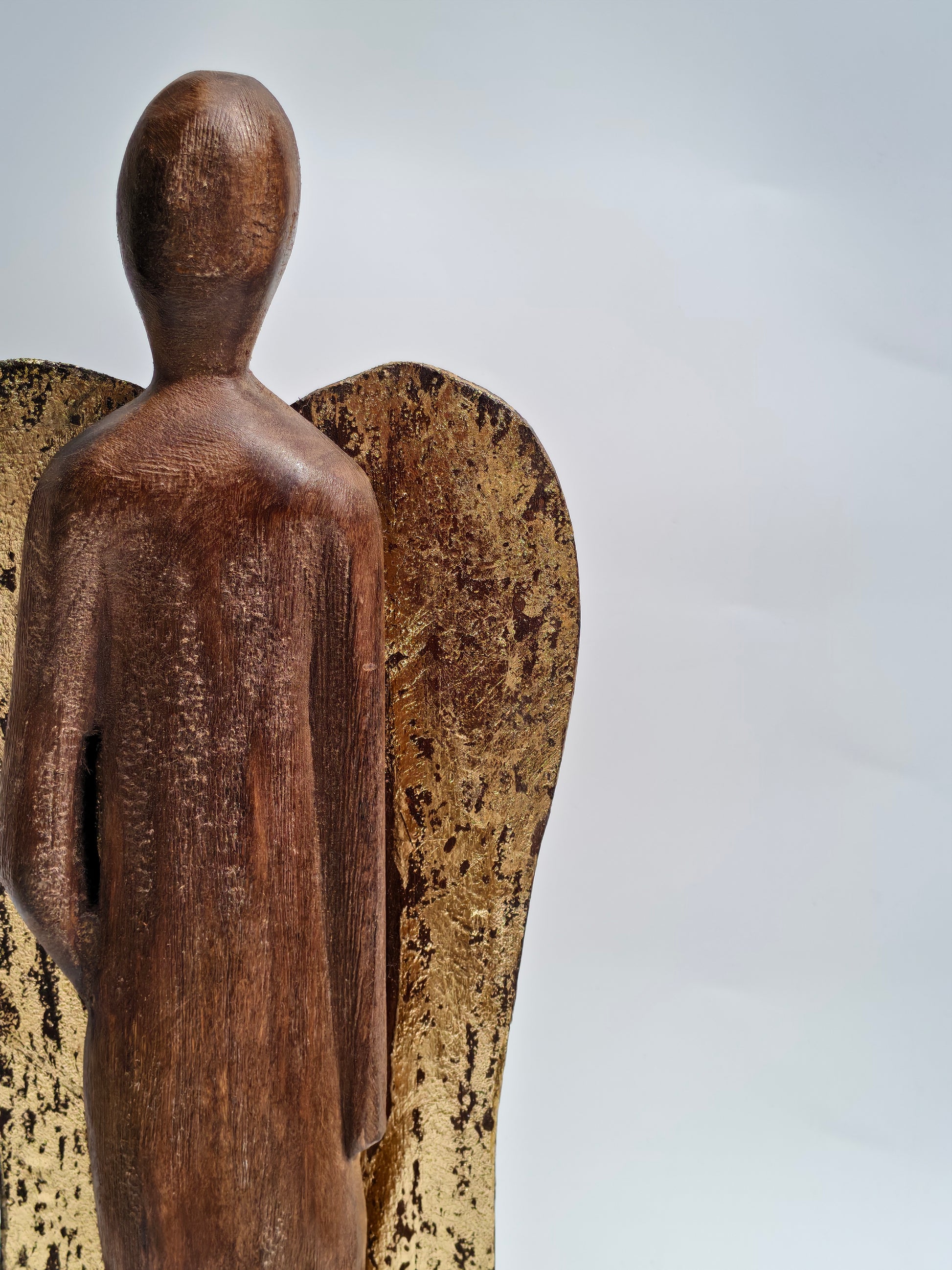 Handcrafted Wooden Angel Figurine with Gold Wings – Tall Spiritual Décor