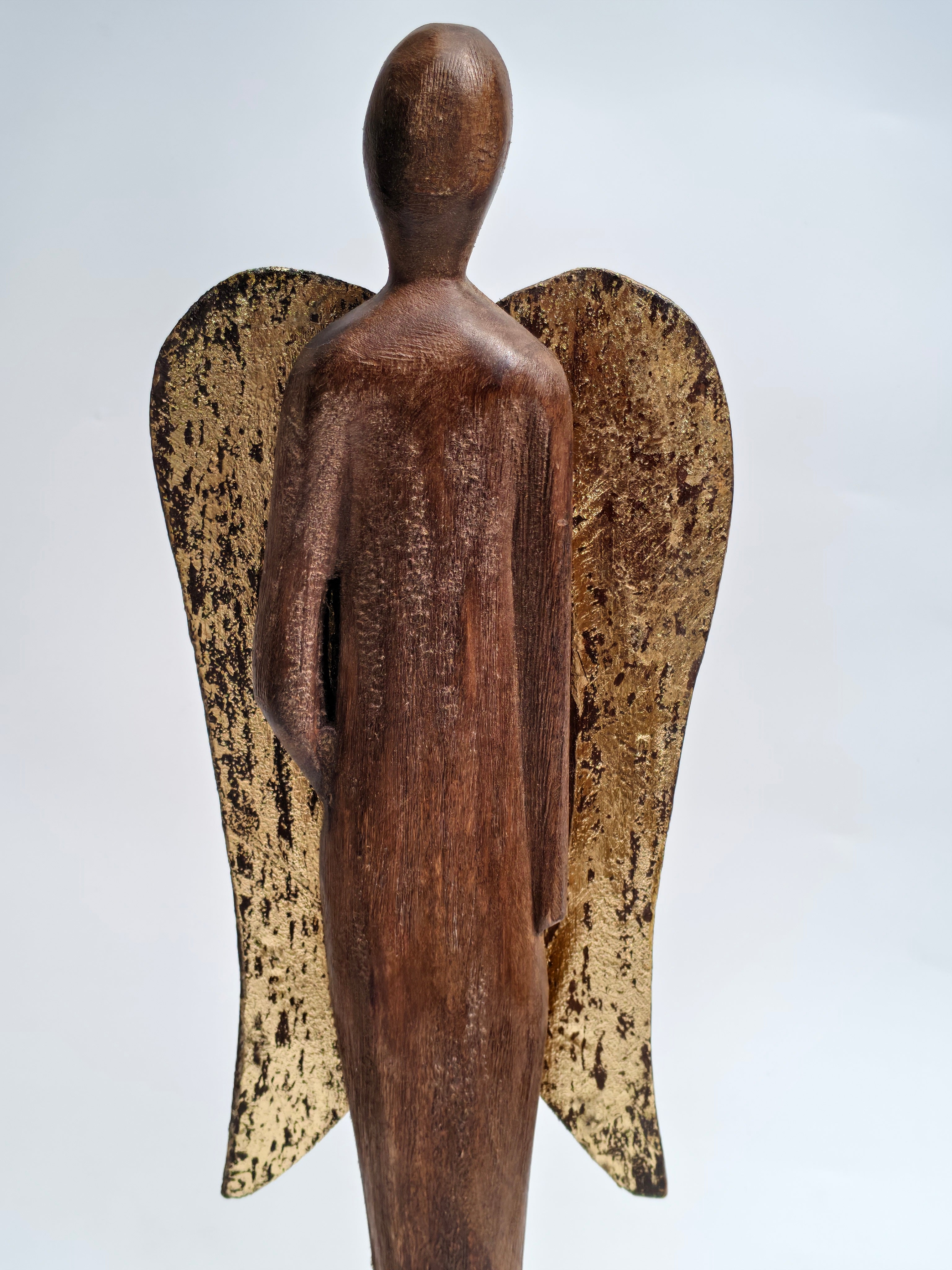 Handcrafted Wooden Angel Figurine with Gold Wings – Tall Spiritual Décor