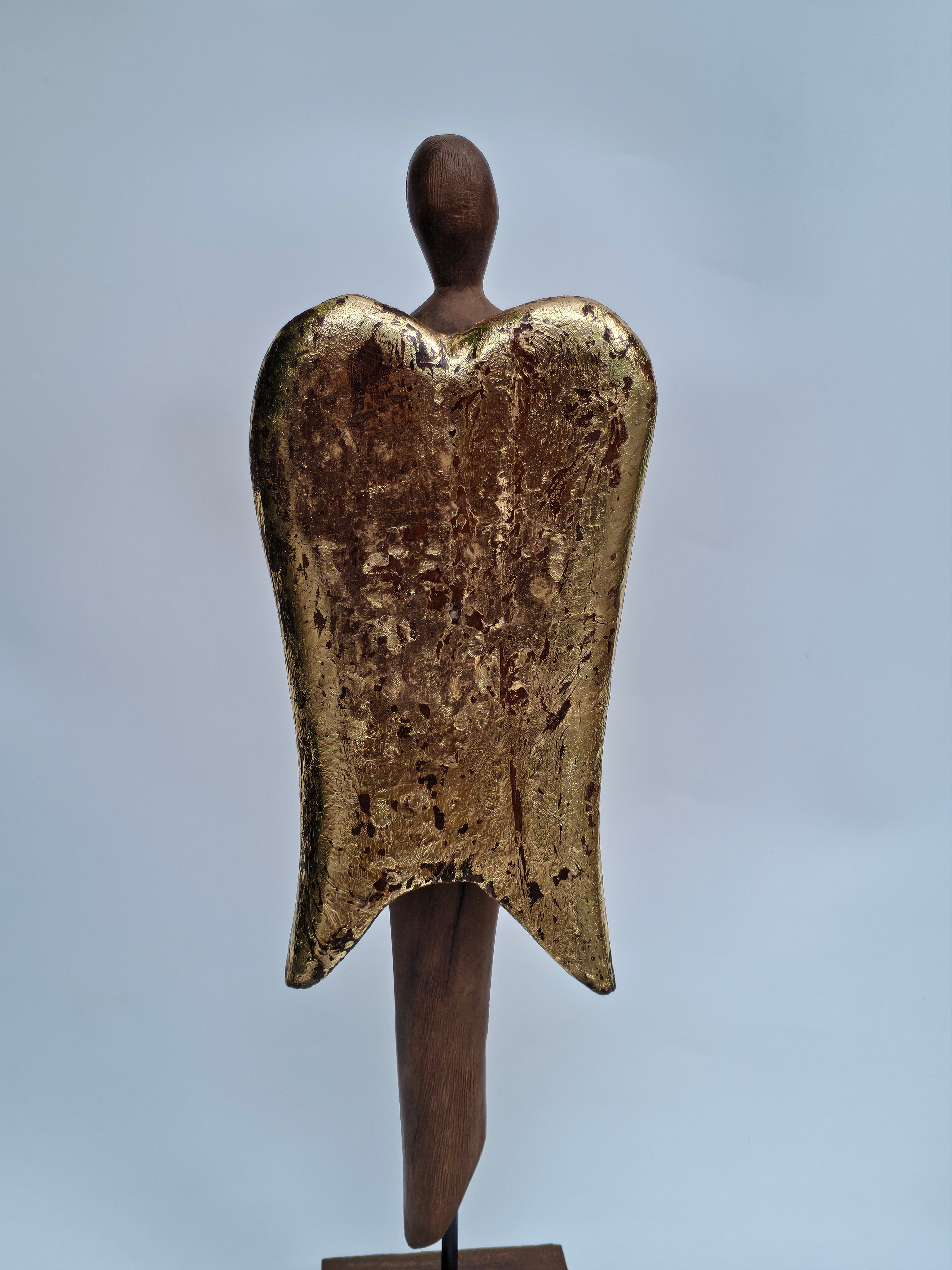 Handcrafted Wooden Angel Figurine with Gold Wings – Tall Spiritual Décor