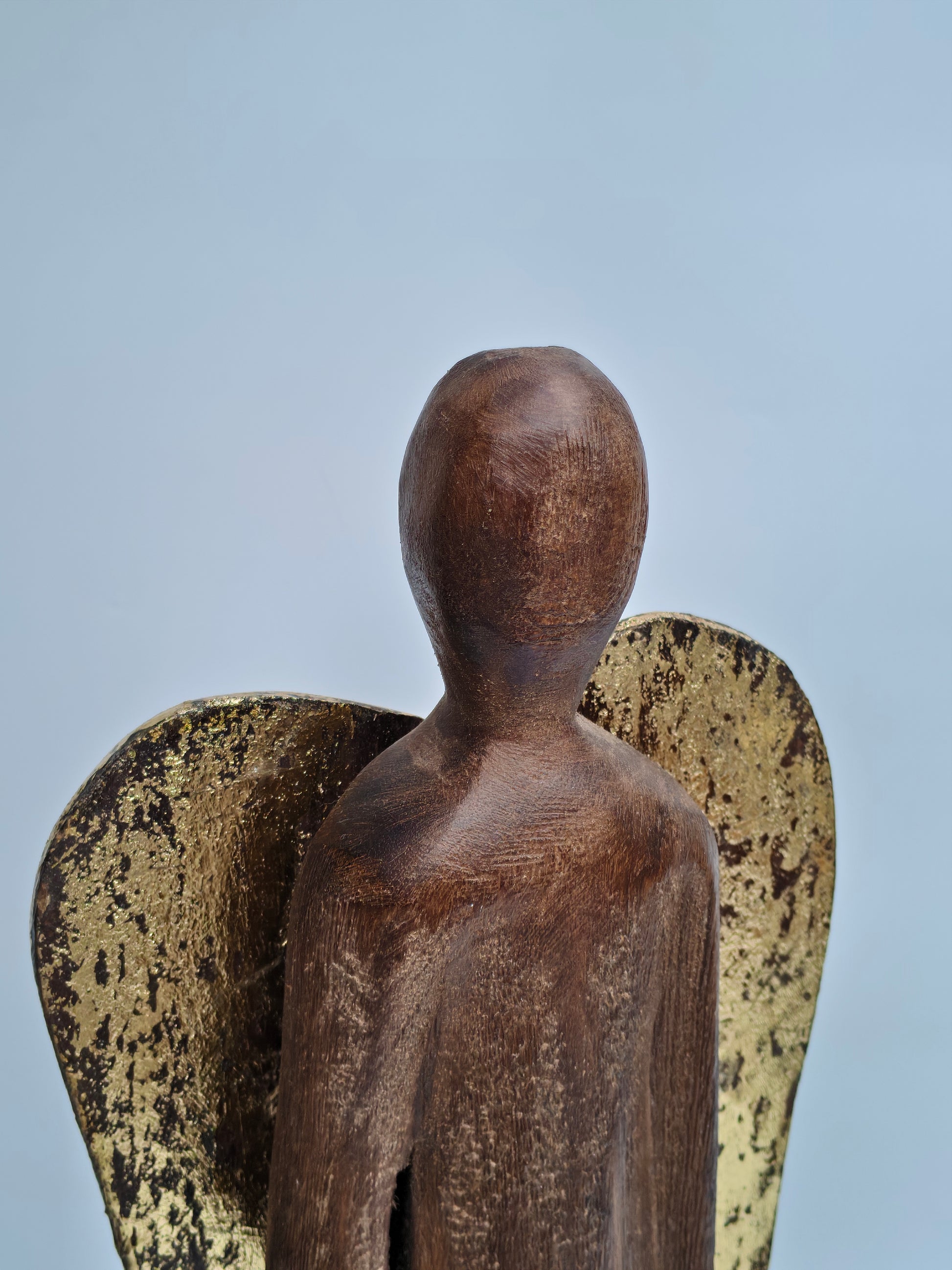 Handcrafted Wooden Angel Figurine with Gold Wings – Tall Spiritual Décor