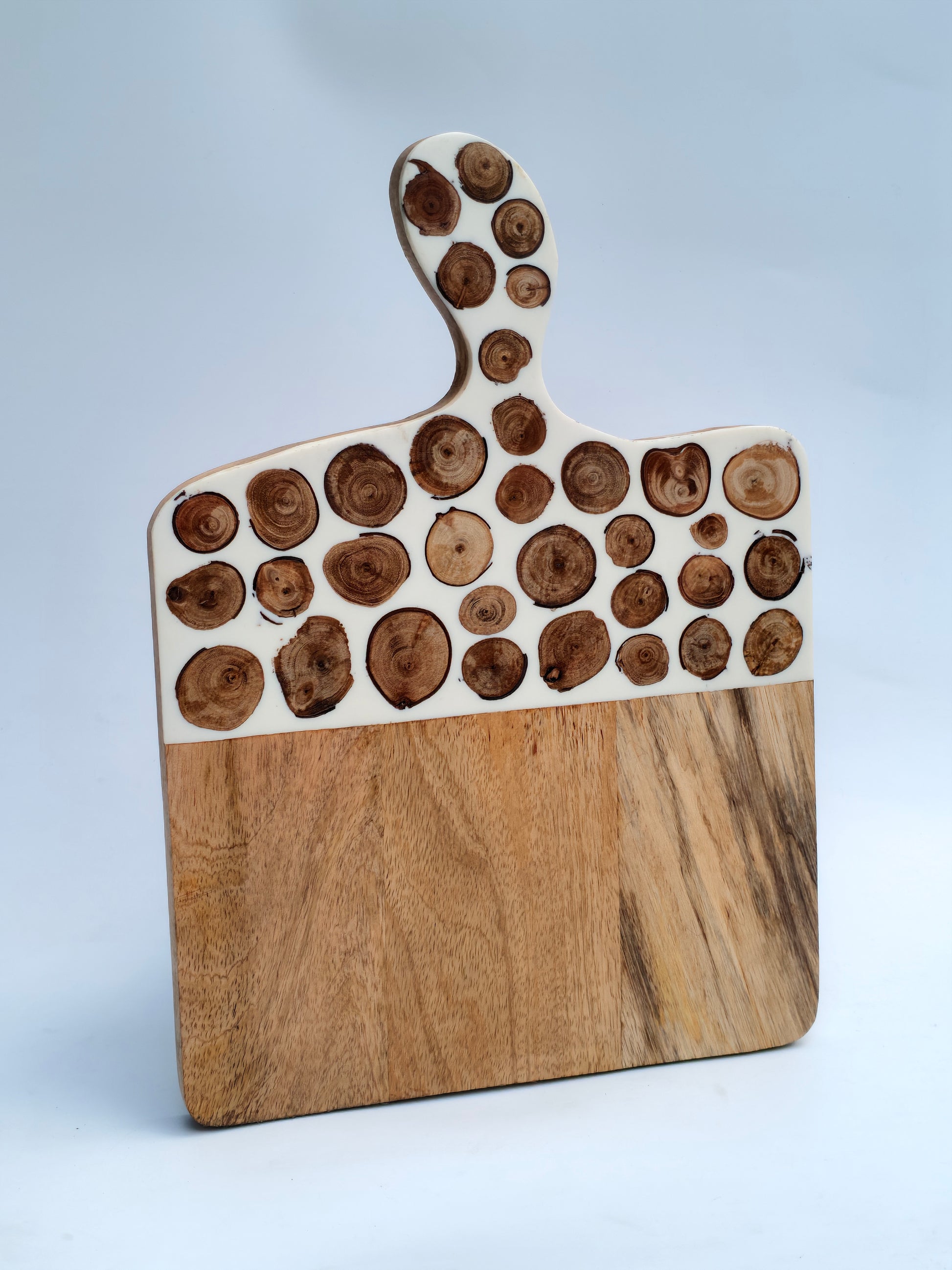 Handcrafted Wooden & Resin Serving Board with Rustic Wood Slice Inlay