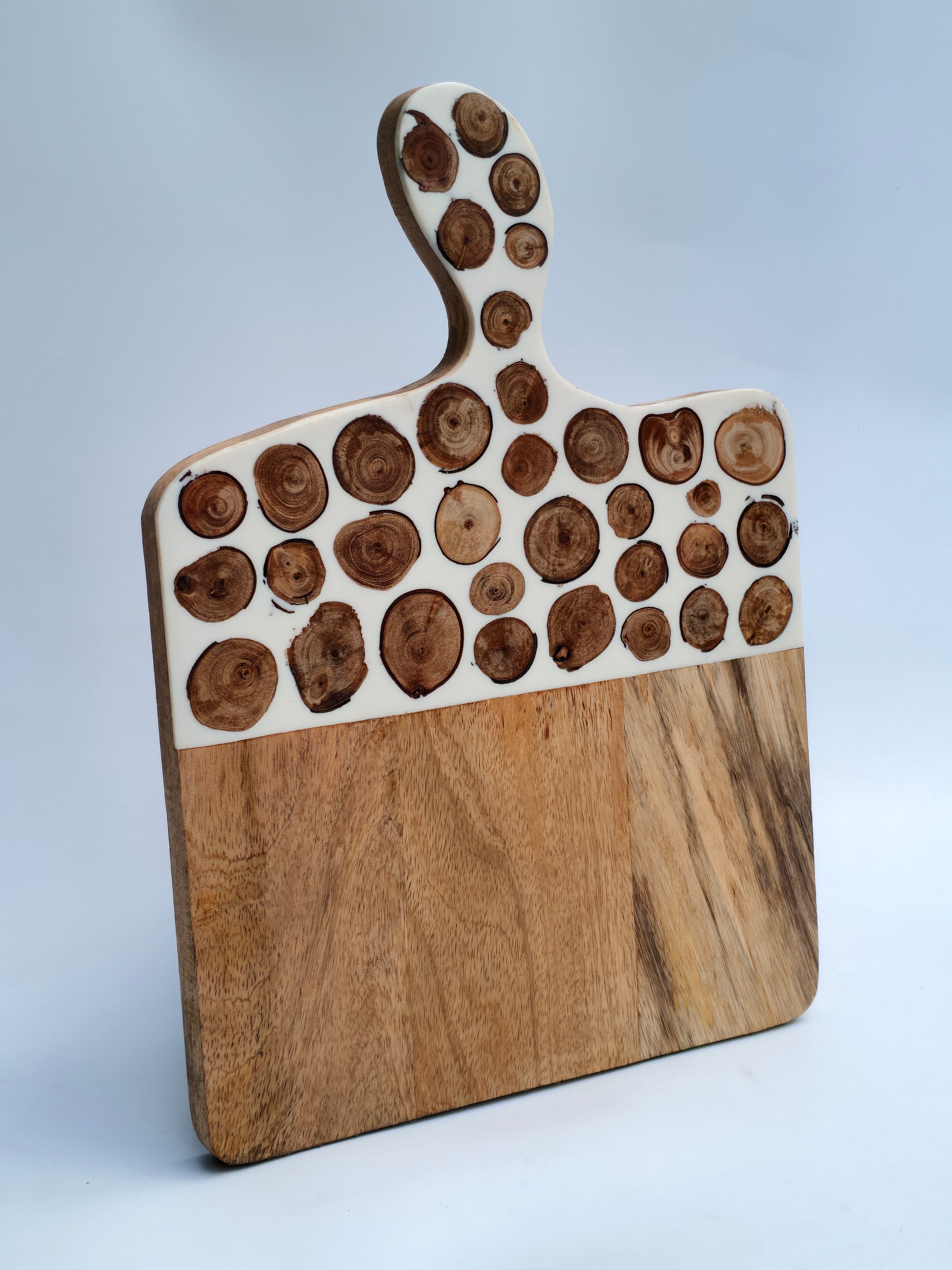 Handcrafted Wooden & Resin Serving Board with Rustic Wood Slice Inlay