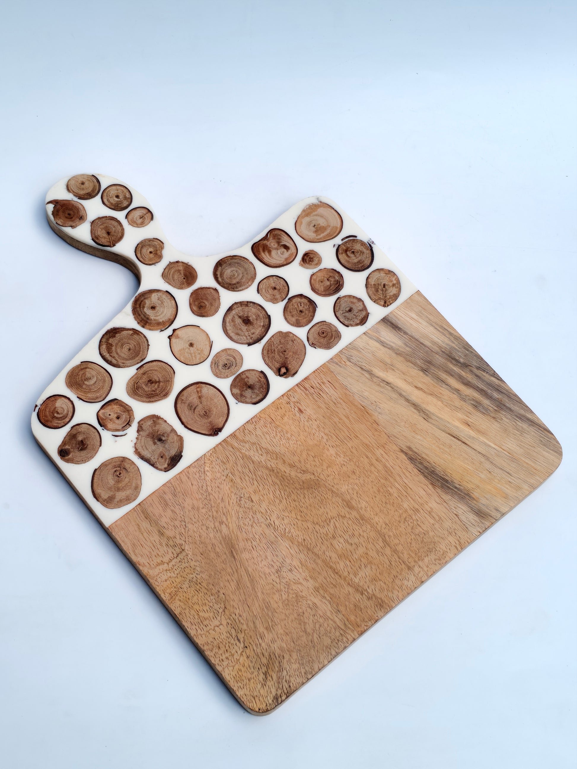 Handcrafted Wooden & Resin Serving Board with Rustic Wood Slice Inlay