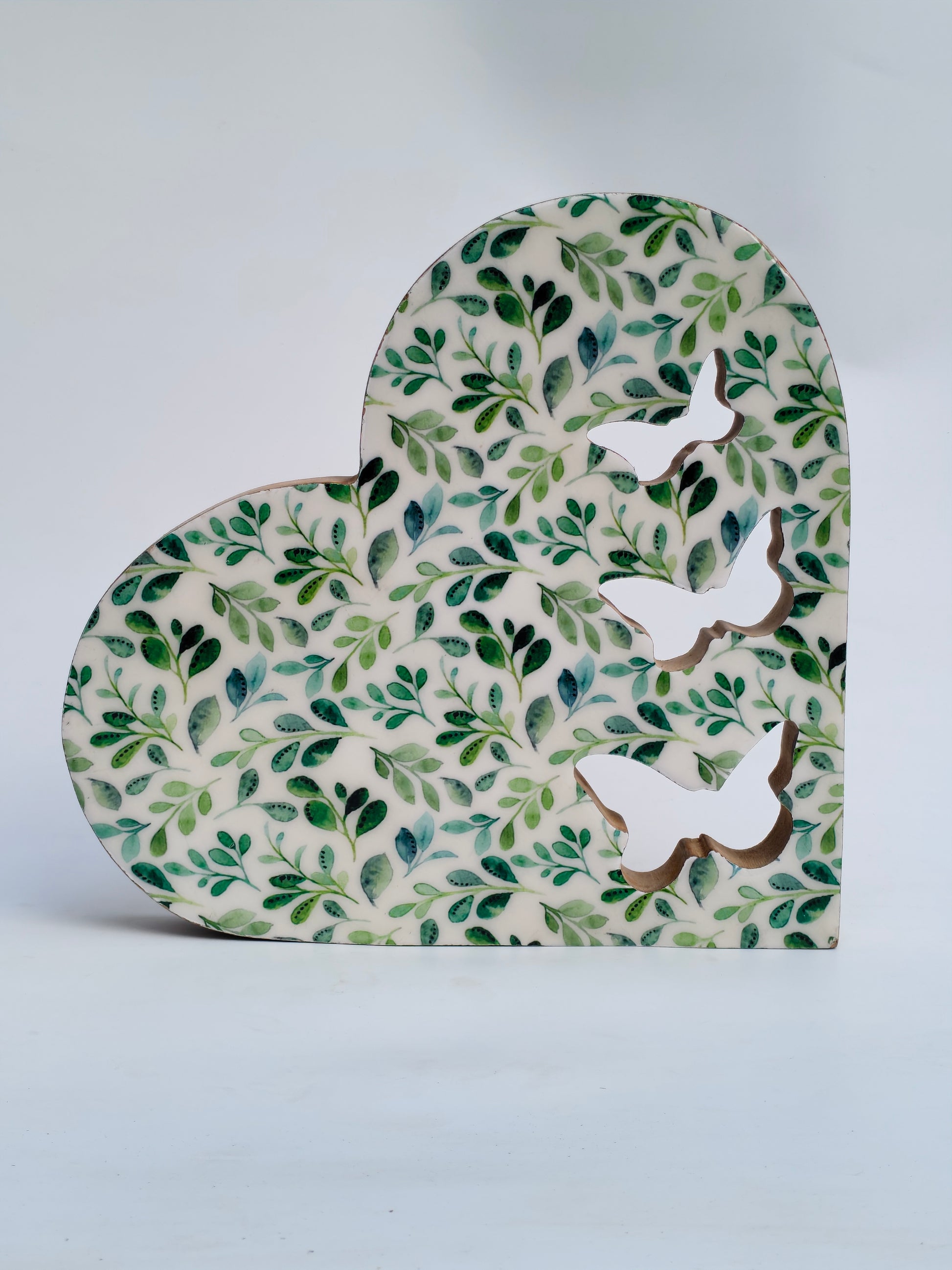 Heart-Shaped Wooden Décor with Leaf Pattern & Butterfly Cutouts – Wall & Table Display