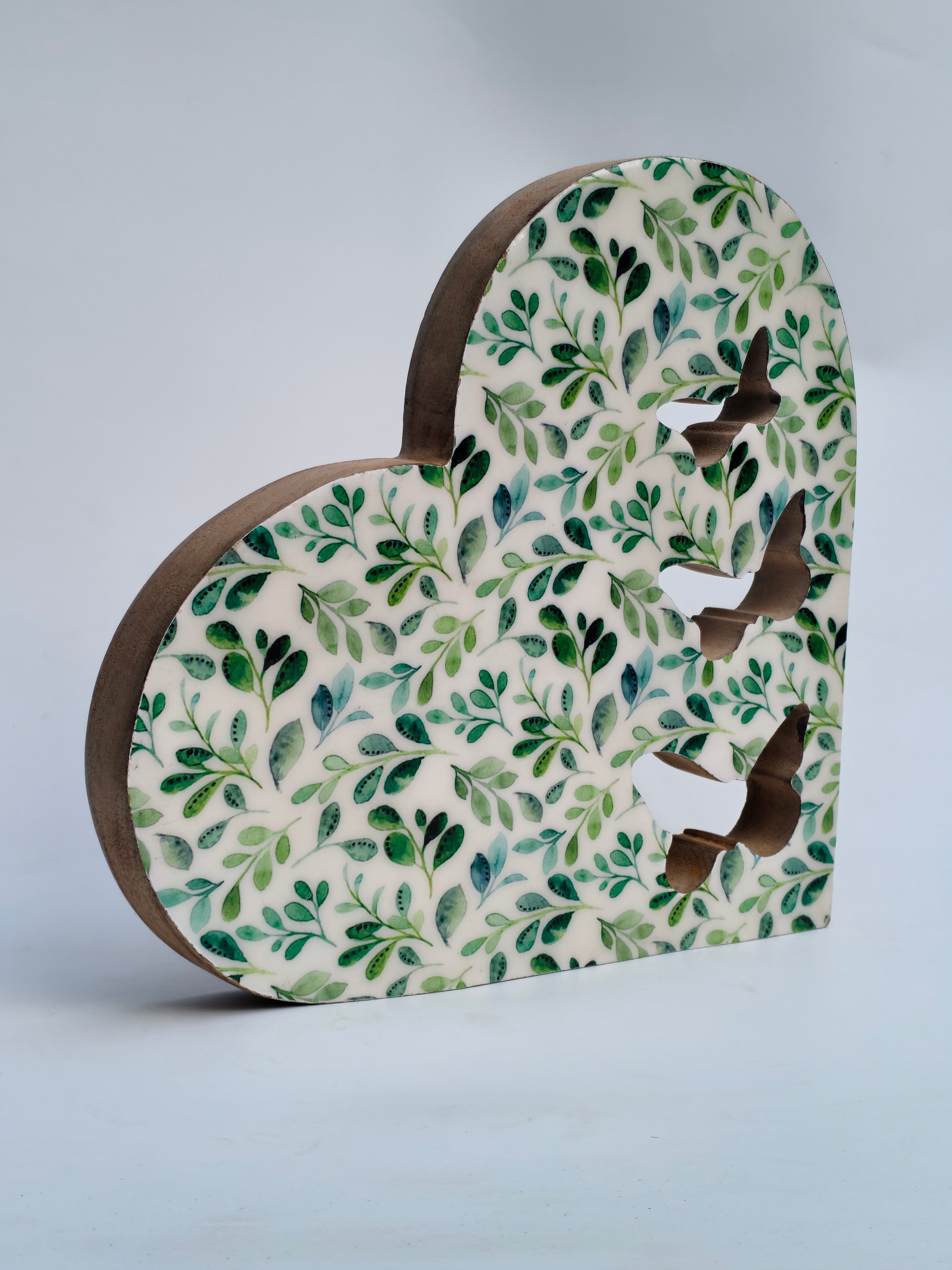 Heart-Shaped Wooden Décor with Leaf Pattern & Butterfly Cutouts