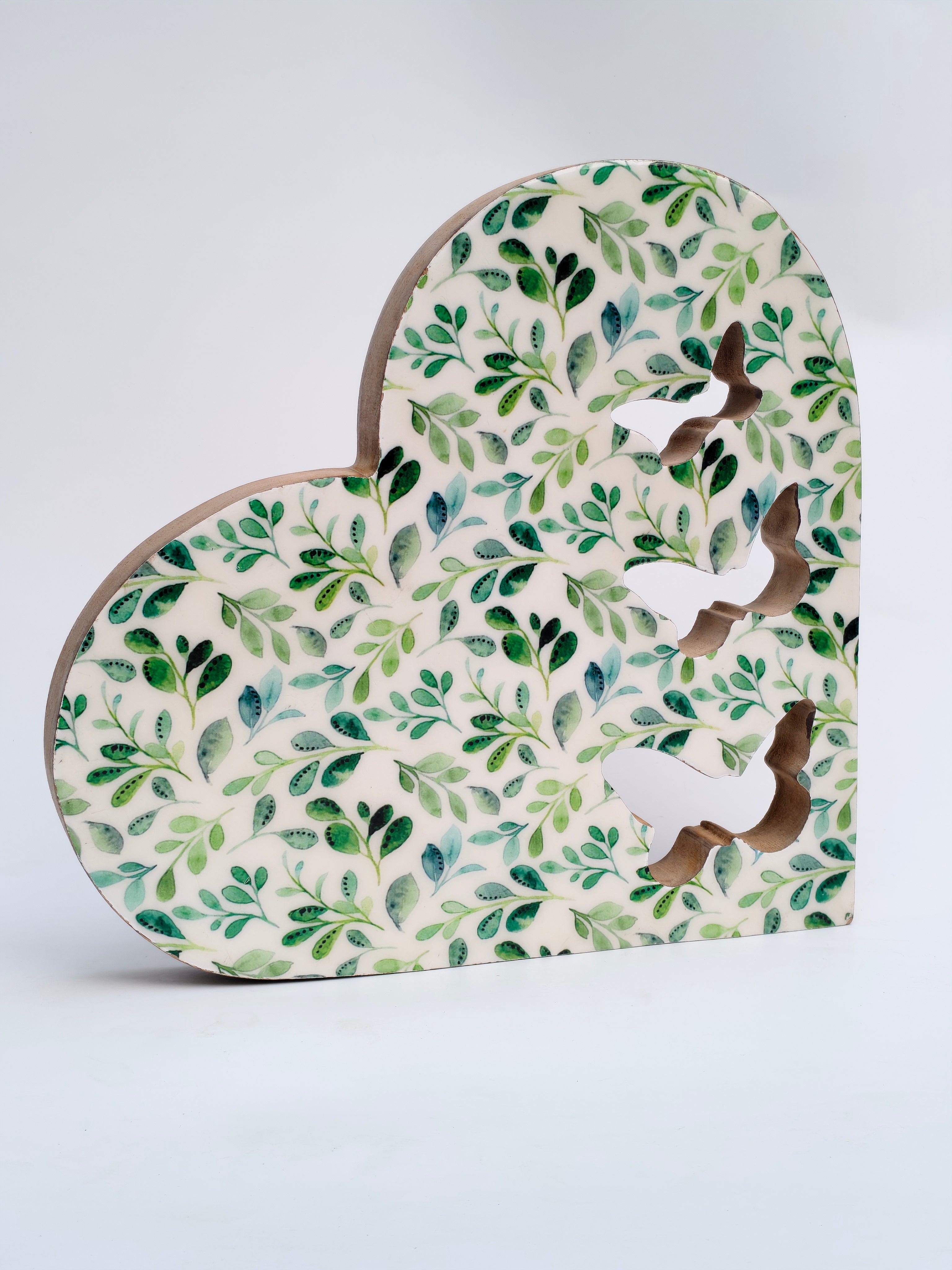 Heart-Shaped Wooden Décor with Leaf Pattern & Butterfly Cutouts