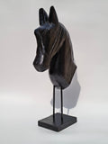 Handcrafted Black Solid Wood Horse Head Sculpture on Stand