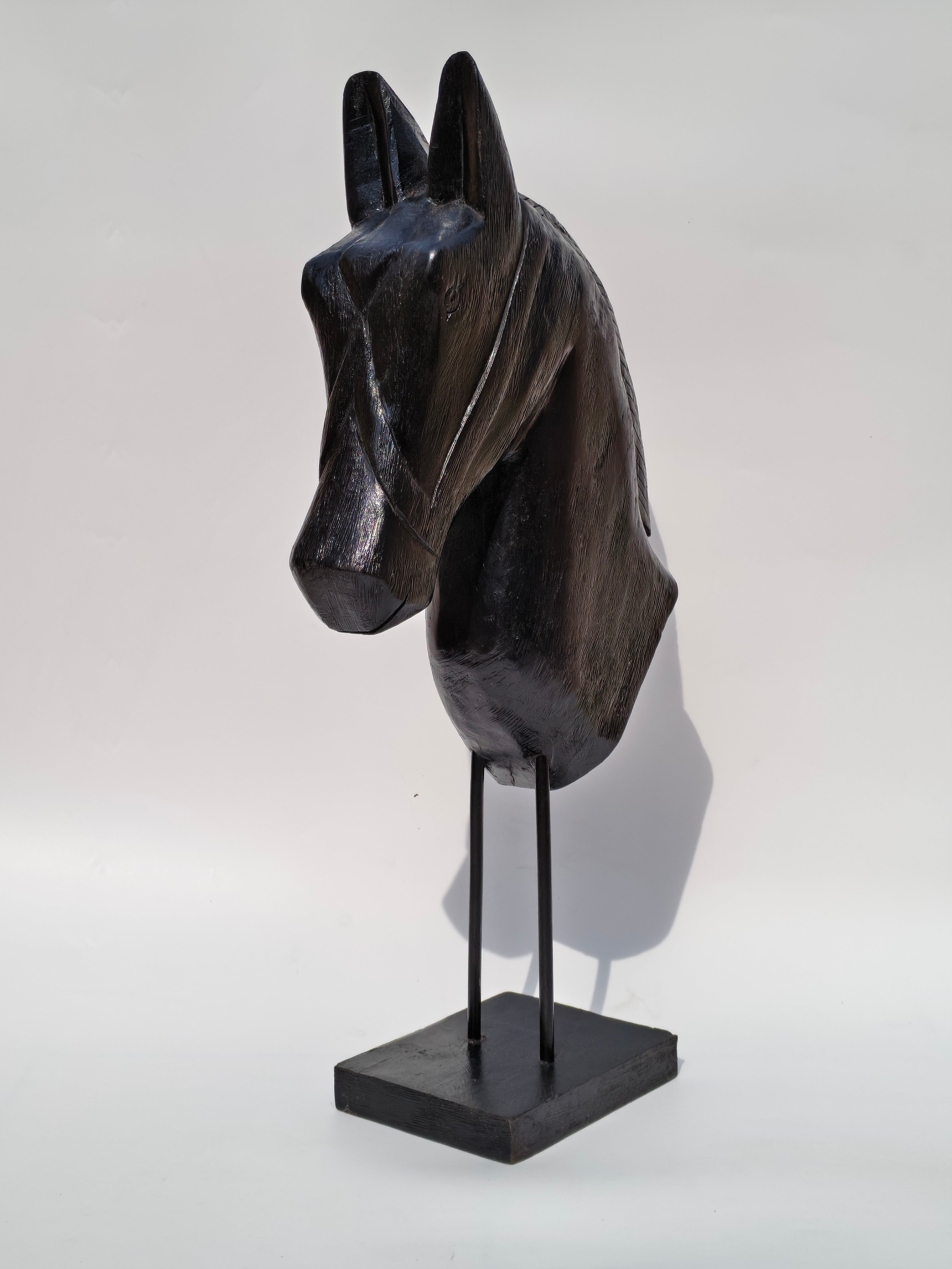 Handcrafted Black Solid Wood Horse Head Sculpture on Stand