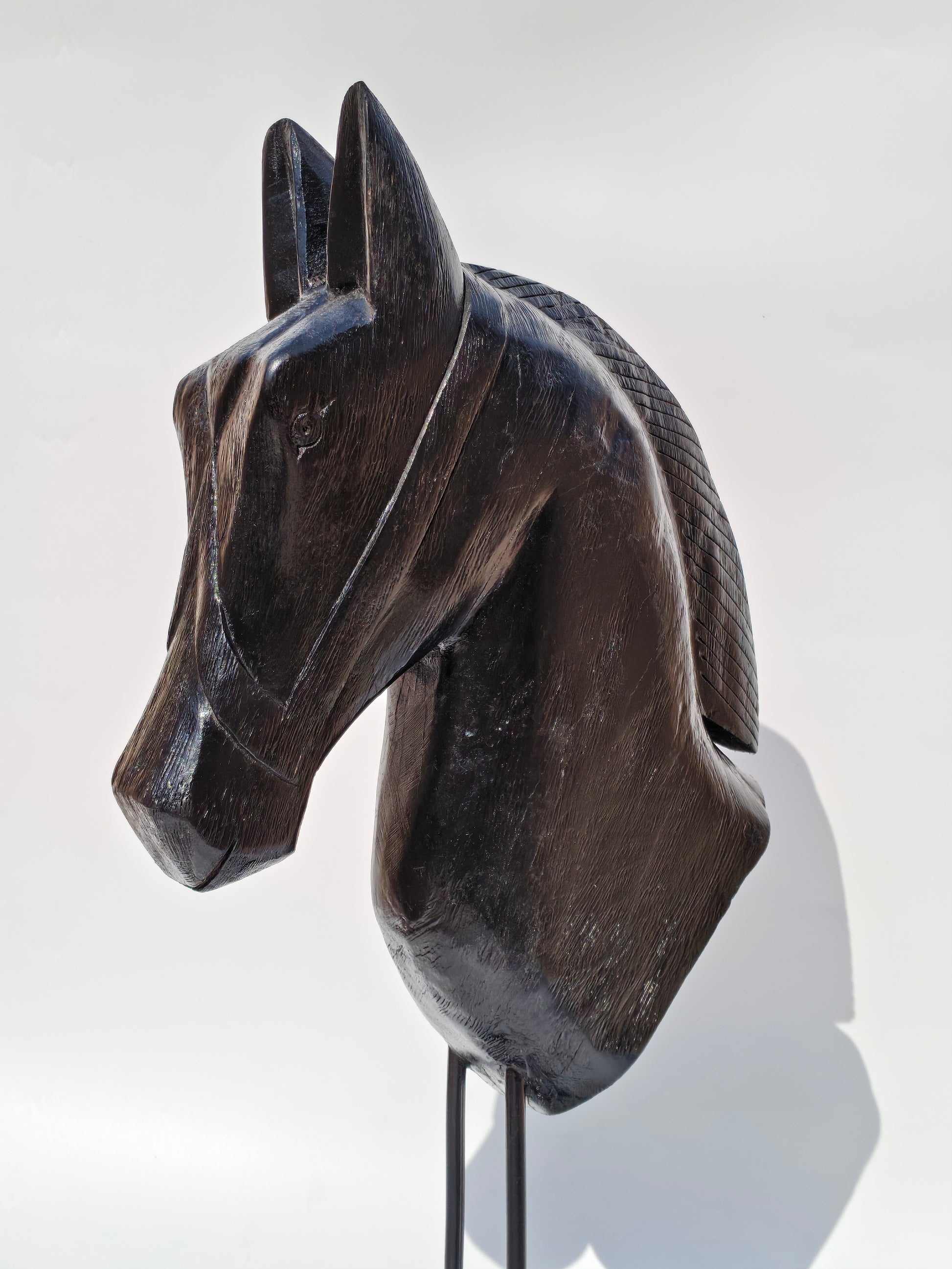 Handcrafted Black Solid Wood Horse Head Sculpture on Stand – Elegant Home Décor Accent