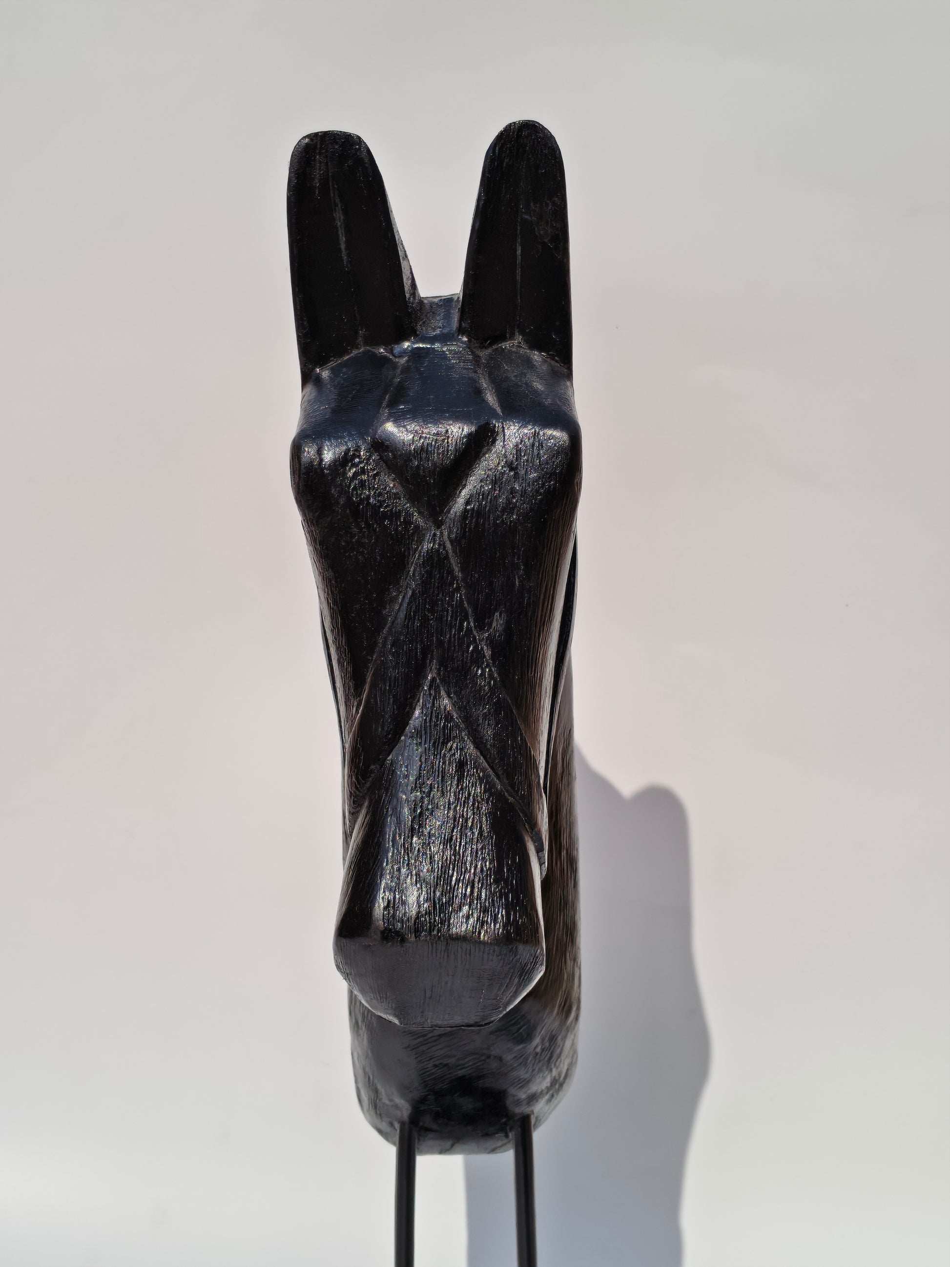 Handcrafted Black Solid Wood Horse Head Sculpture on Stand – Elegant Home Décor Accent