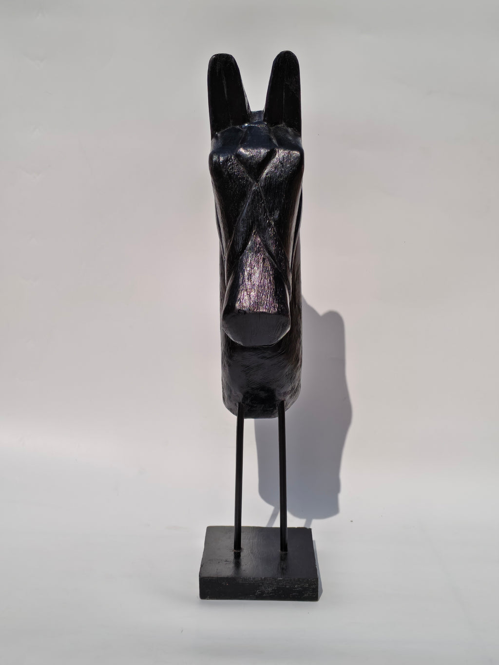 Handcrafted Black Solid Wood Horse Head Sculpture on Stand – Elegant Home Décor Accent