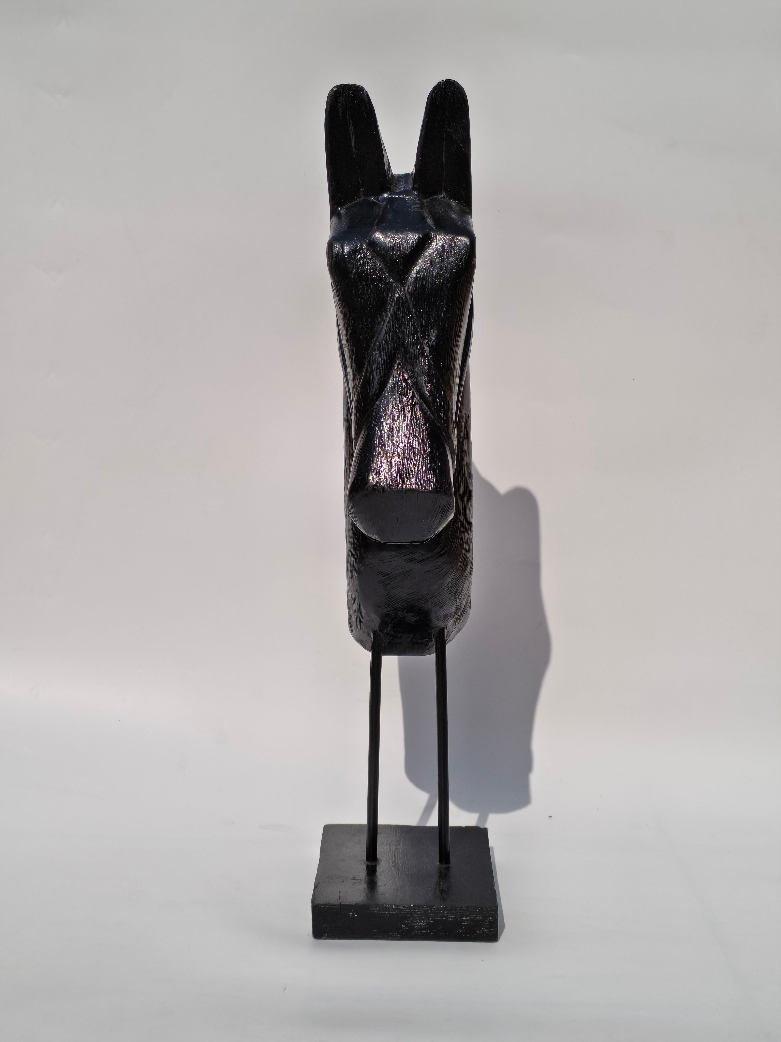 Handcrafted Black Solid Wood Horse Head Sculpture on Stand
