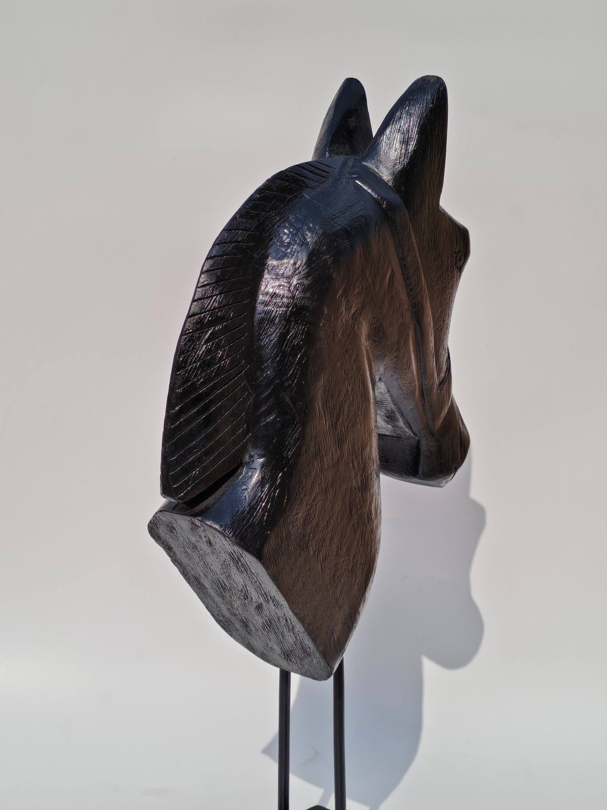 Handcrafted Black Solid Wood Horse Head Sculpture on Stand – Elegant Home Décor Accent
