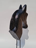 Handcrafted Black Solid Wood Horse Head Sculpture on Stand