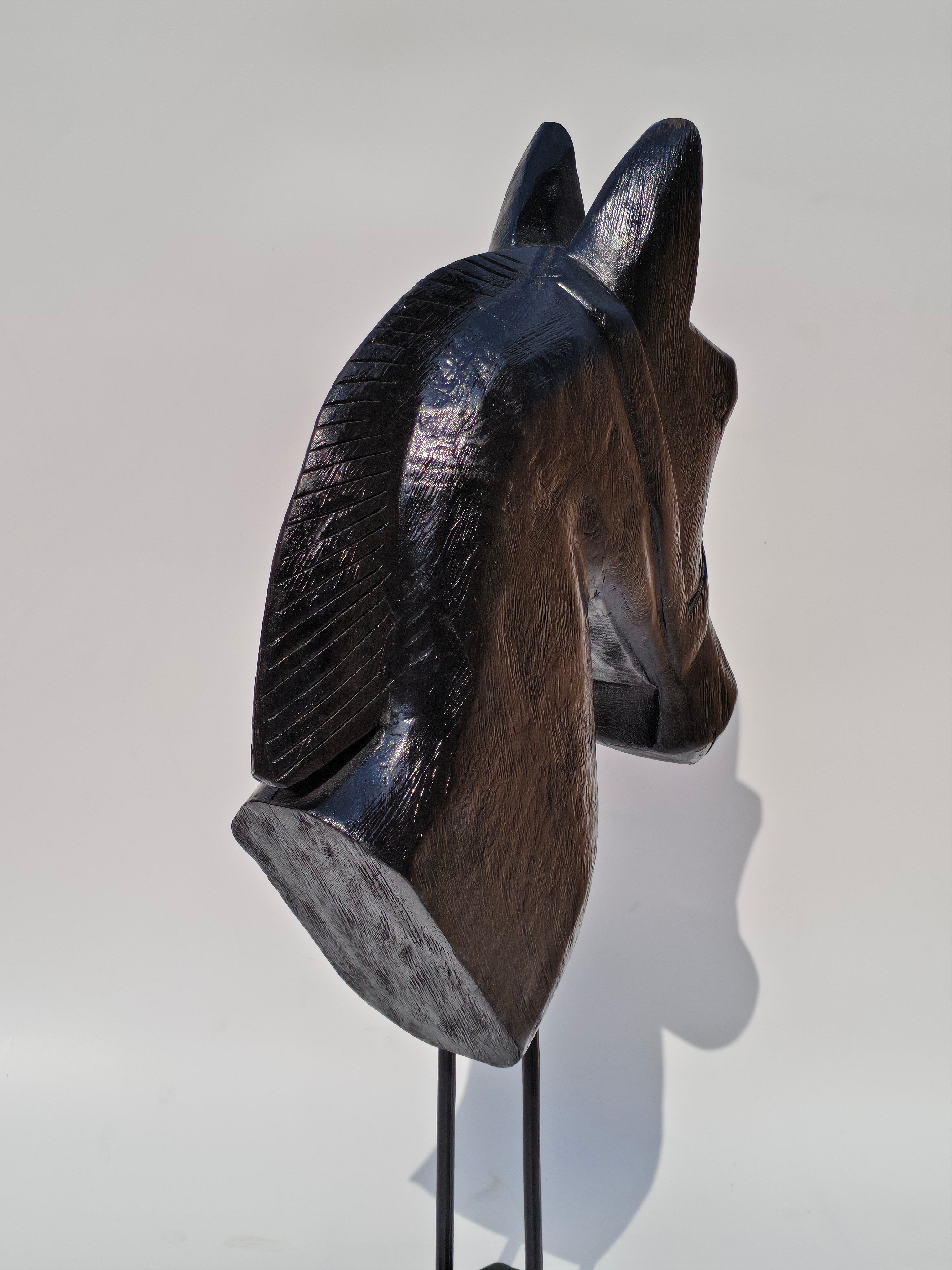 Handcrafted Black Solid Wood Horse Head Sculpture on Stand