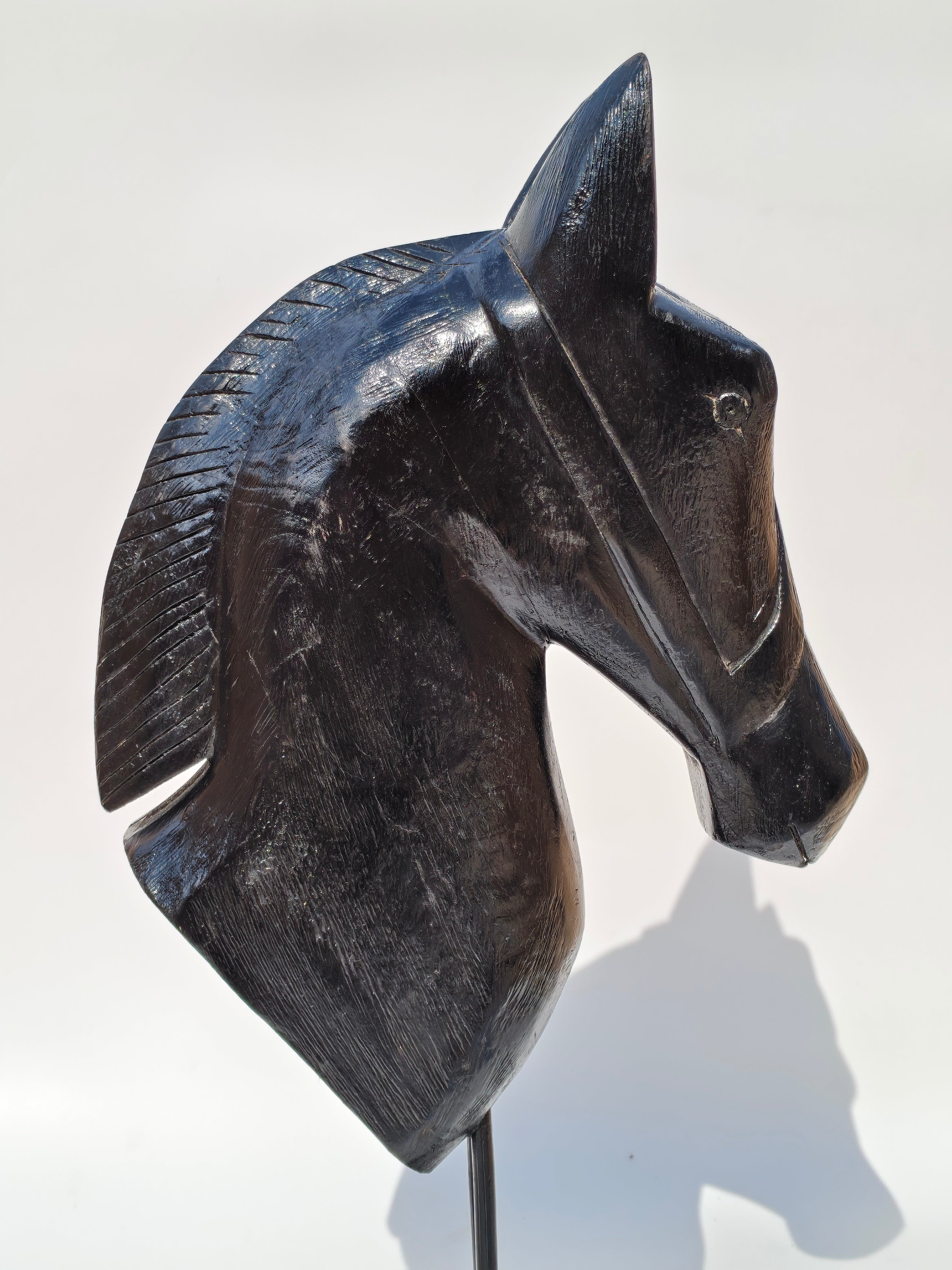 Handcrafted Black Solid Wood Horse Head Sculpture on Stand