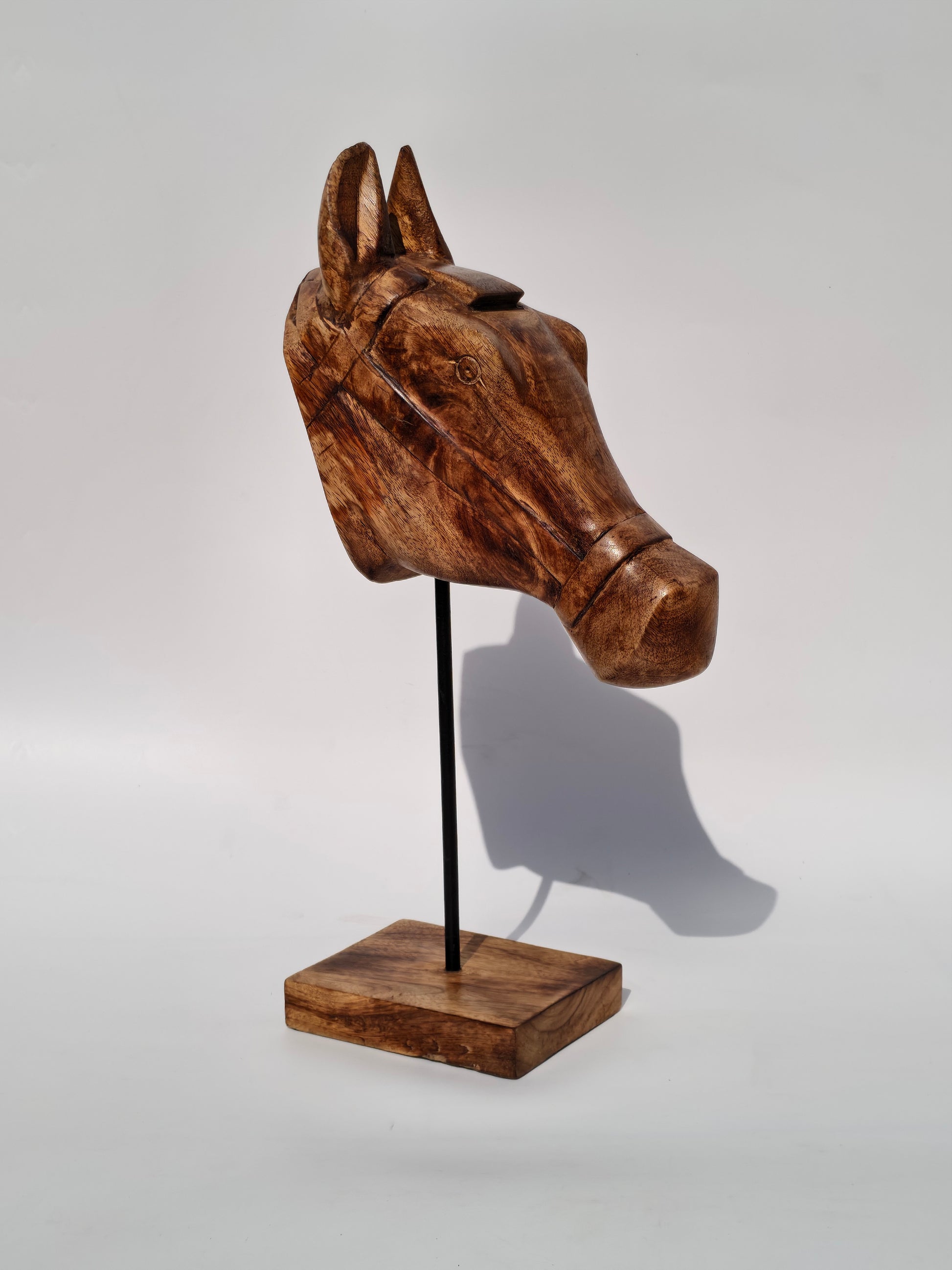 Handcrafted Wooden Horse Head Sculpture on Stand – Equestrian Art Décor