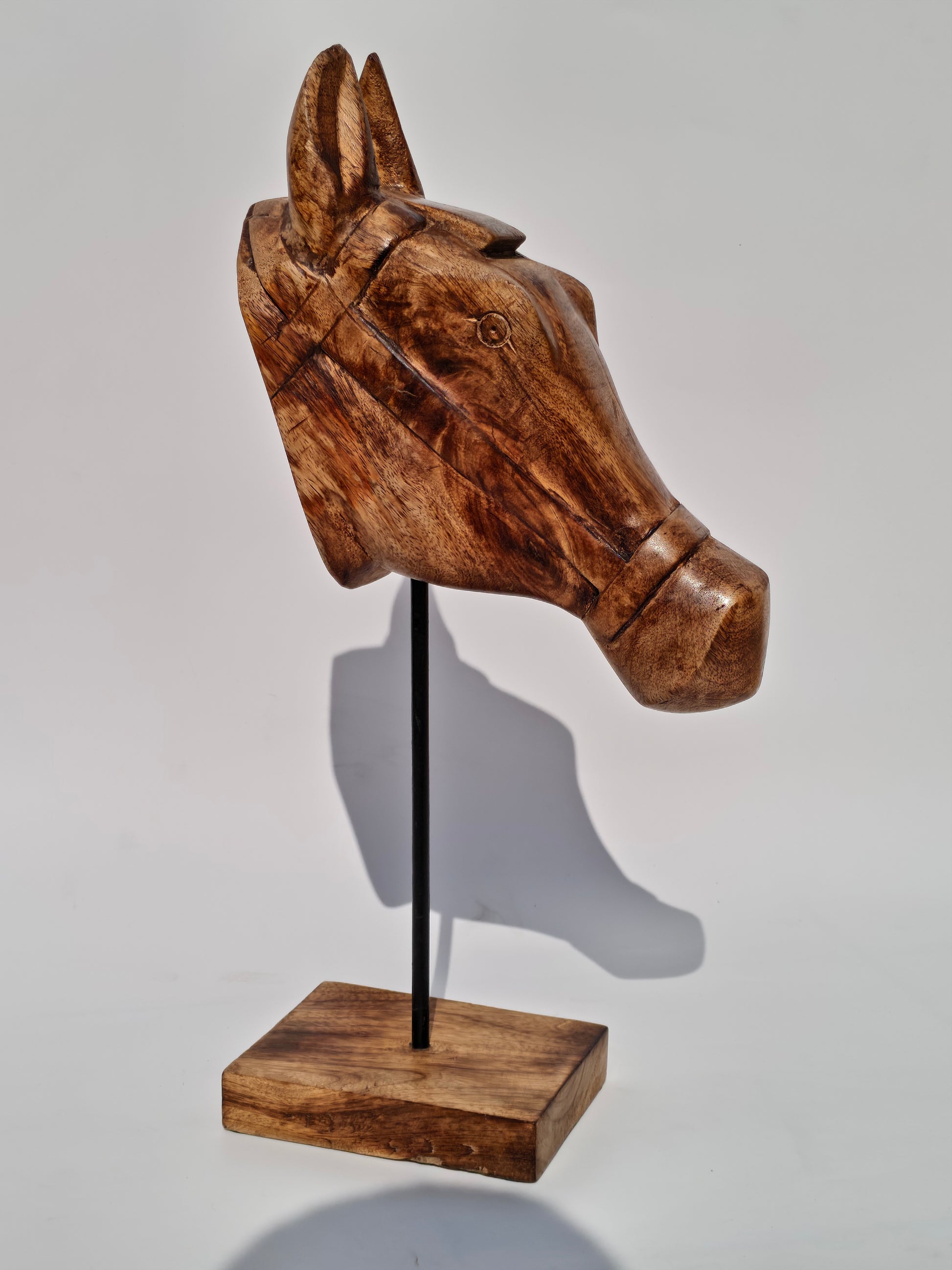 Handcrafted Wooden Horse Head Sculpture on Stand – Equestrian Art Décor