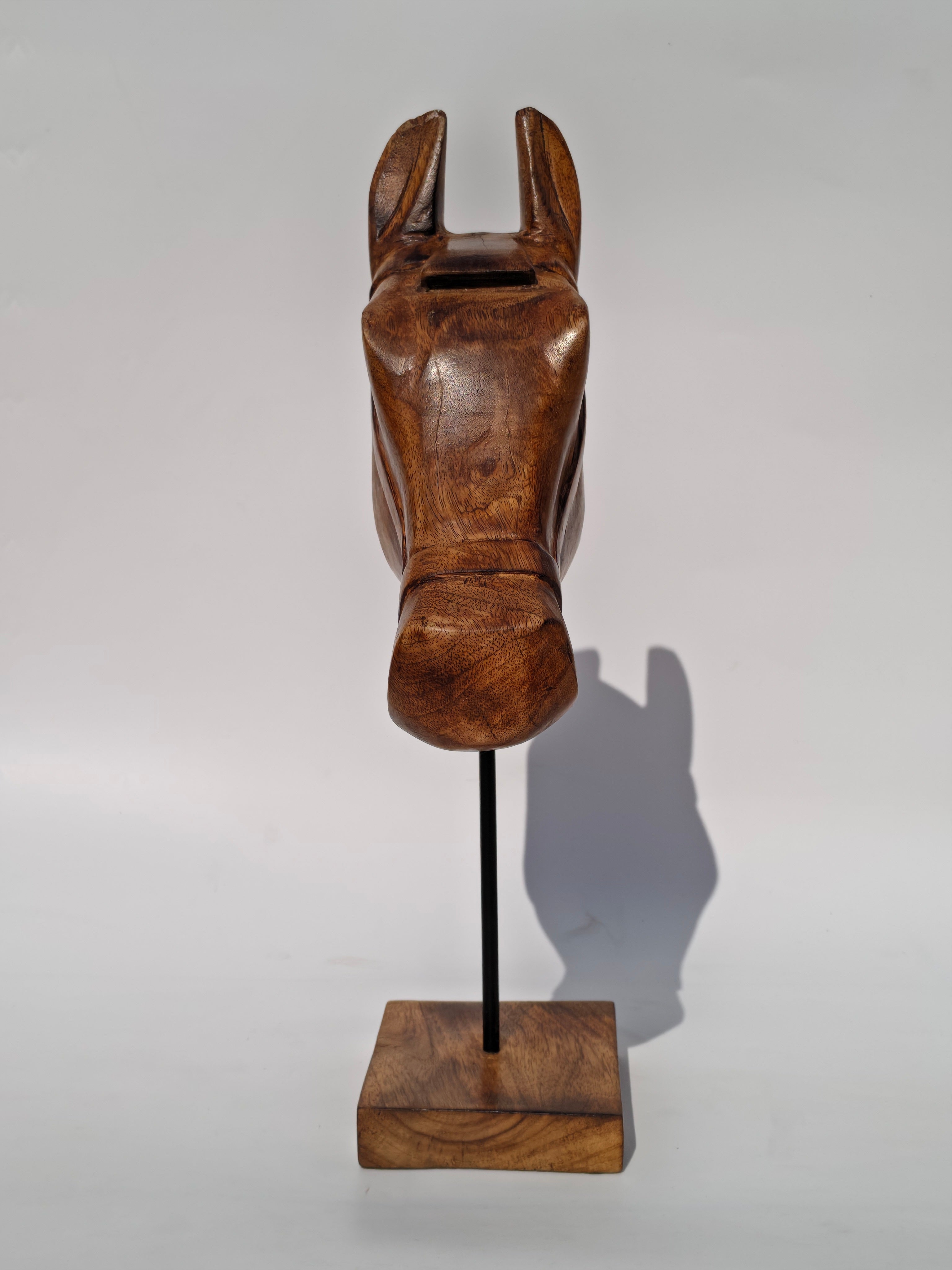 Wooden Horse Head Sculpture on Stand