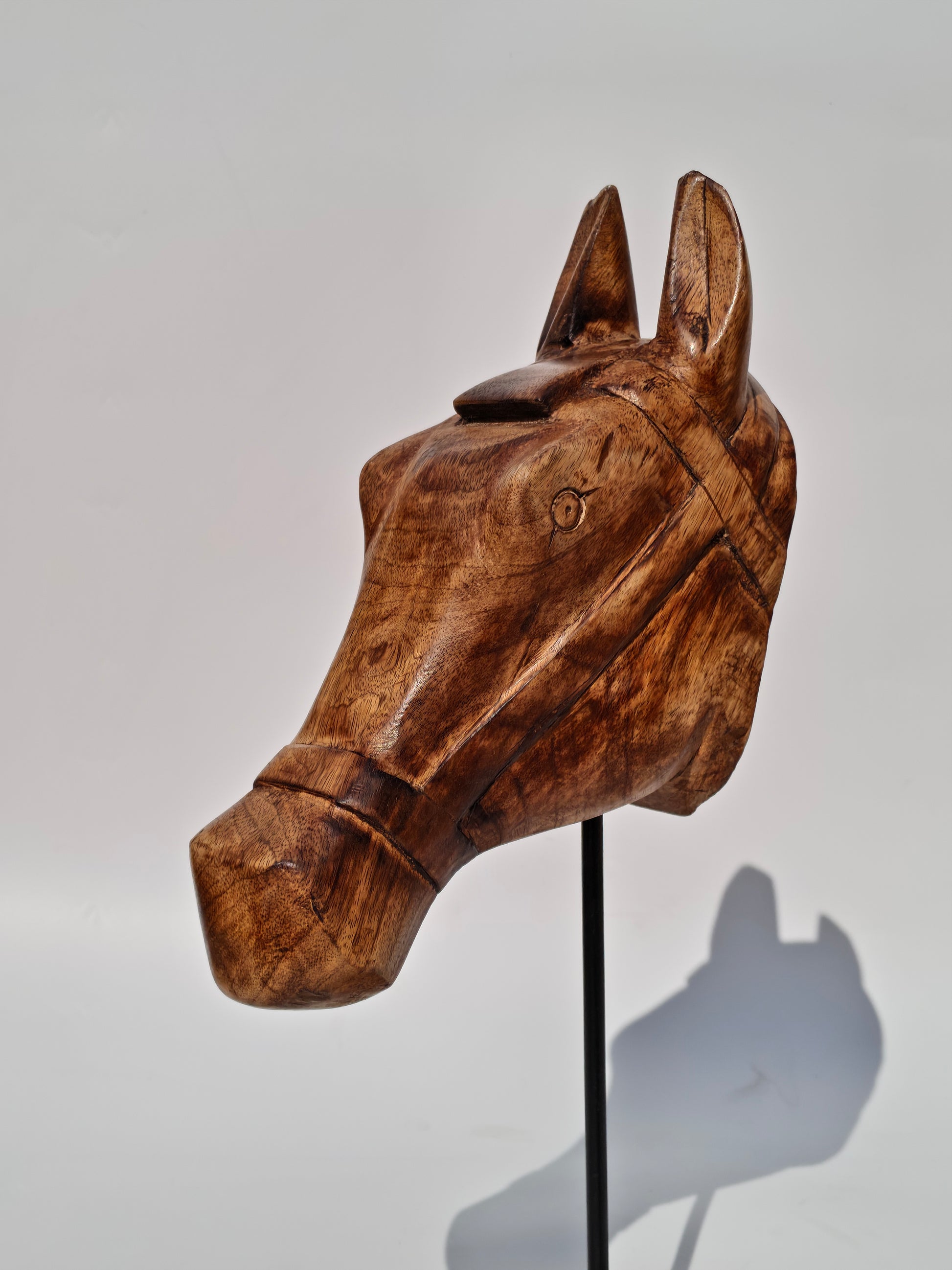 Handcrafted Wooden Horse Head Sculpture on Stand – Equestrian Art Décor