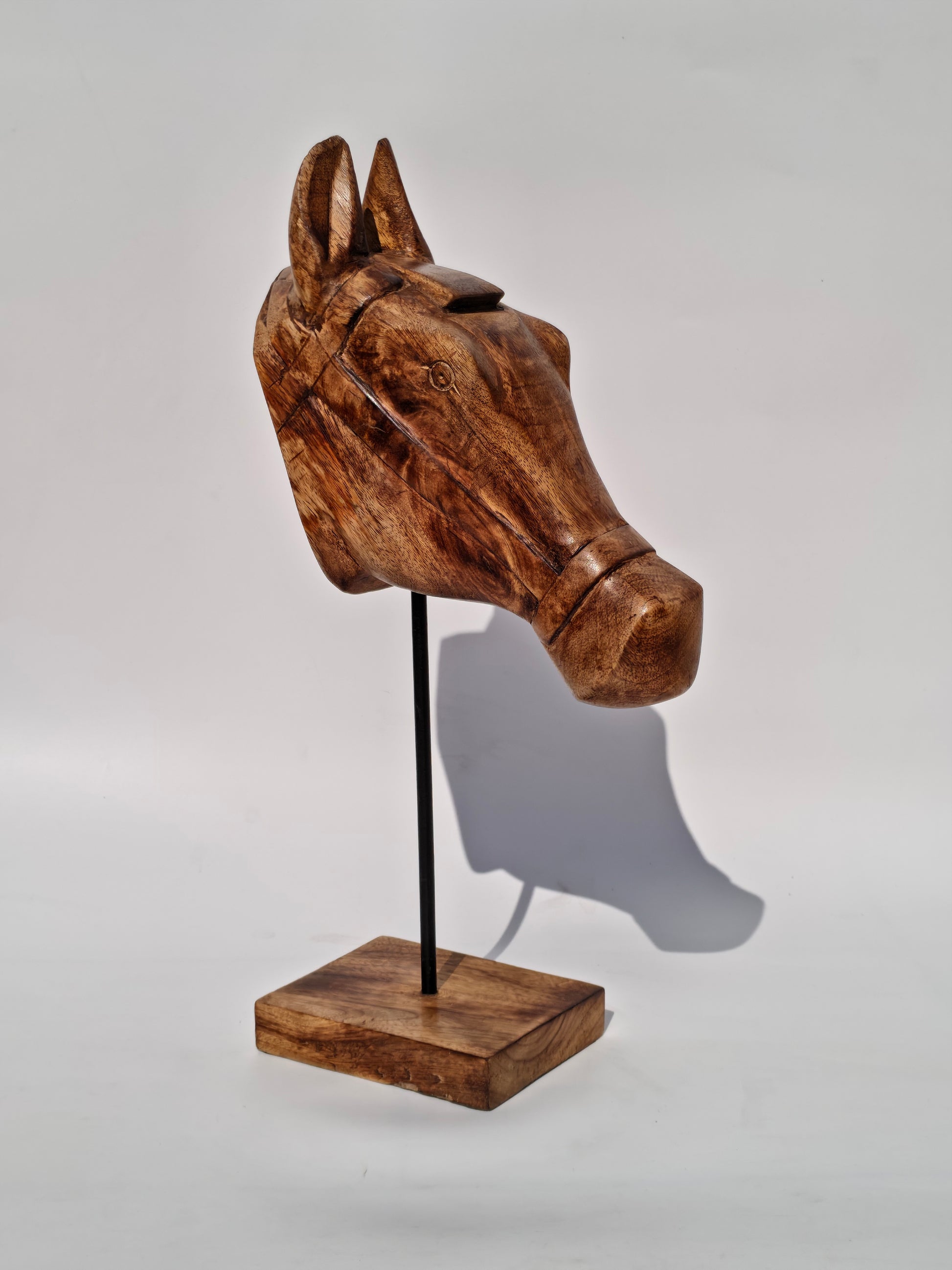 Handcrafted Wooden Horse Head Sculpture on Stand – Equestrian Art Décor