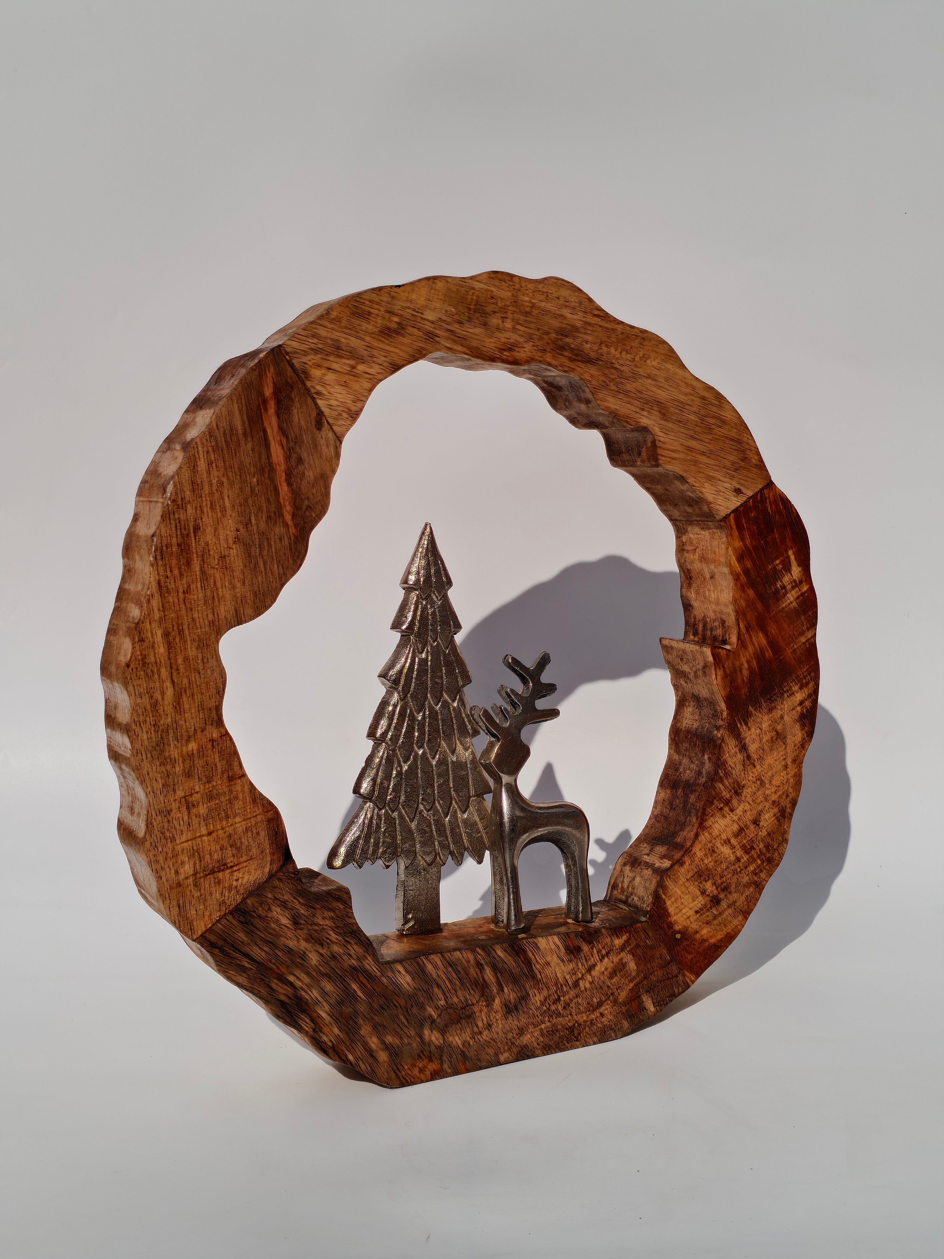 Handcrafted Wooden Forest Ring with Metal Deer & Tree – Rustic Winter Decor