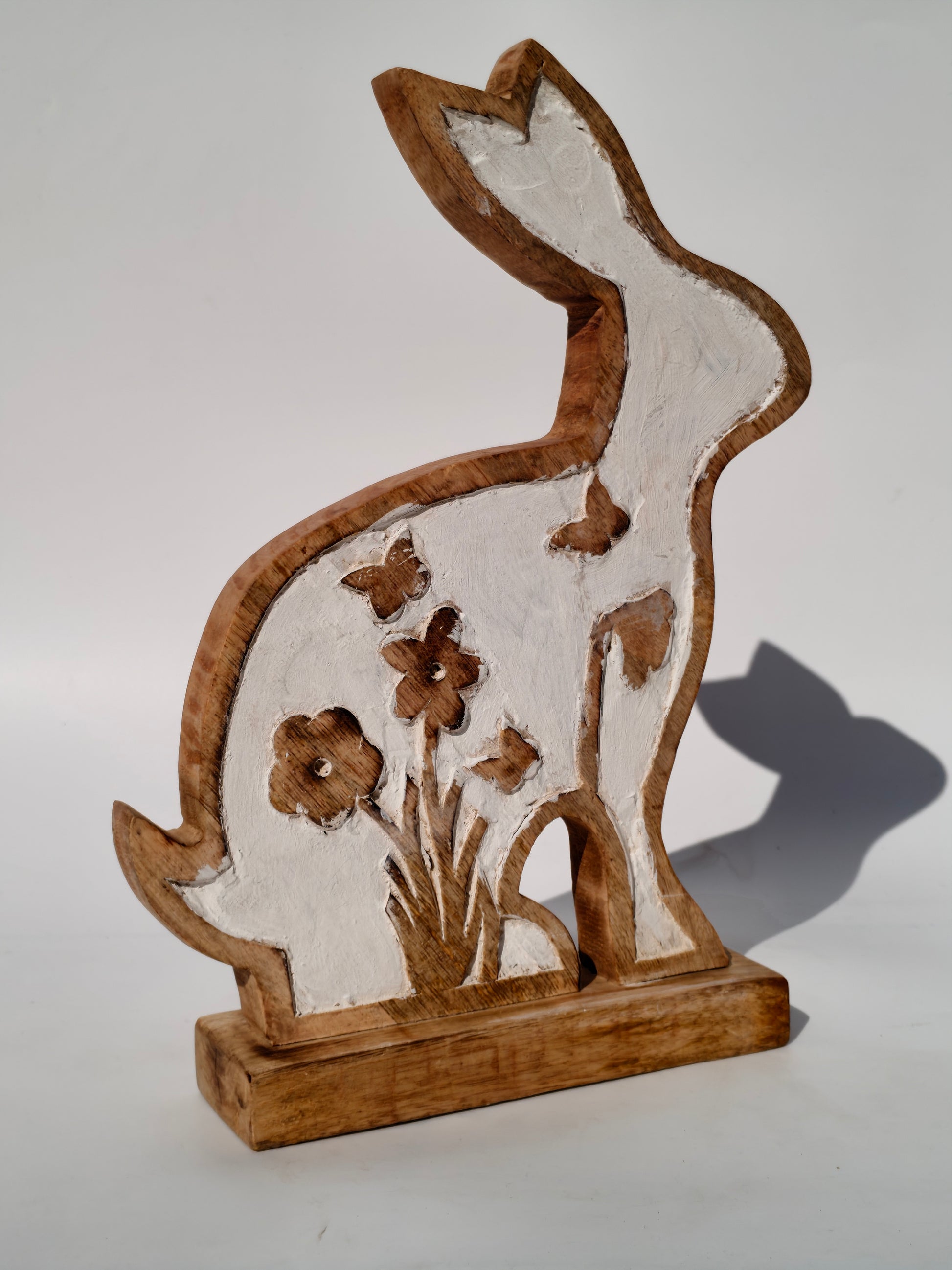 Handcrafted Wooden Bunny with Floral Carving – Rustic White Finish