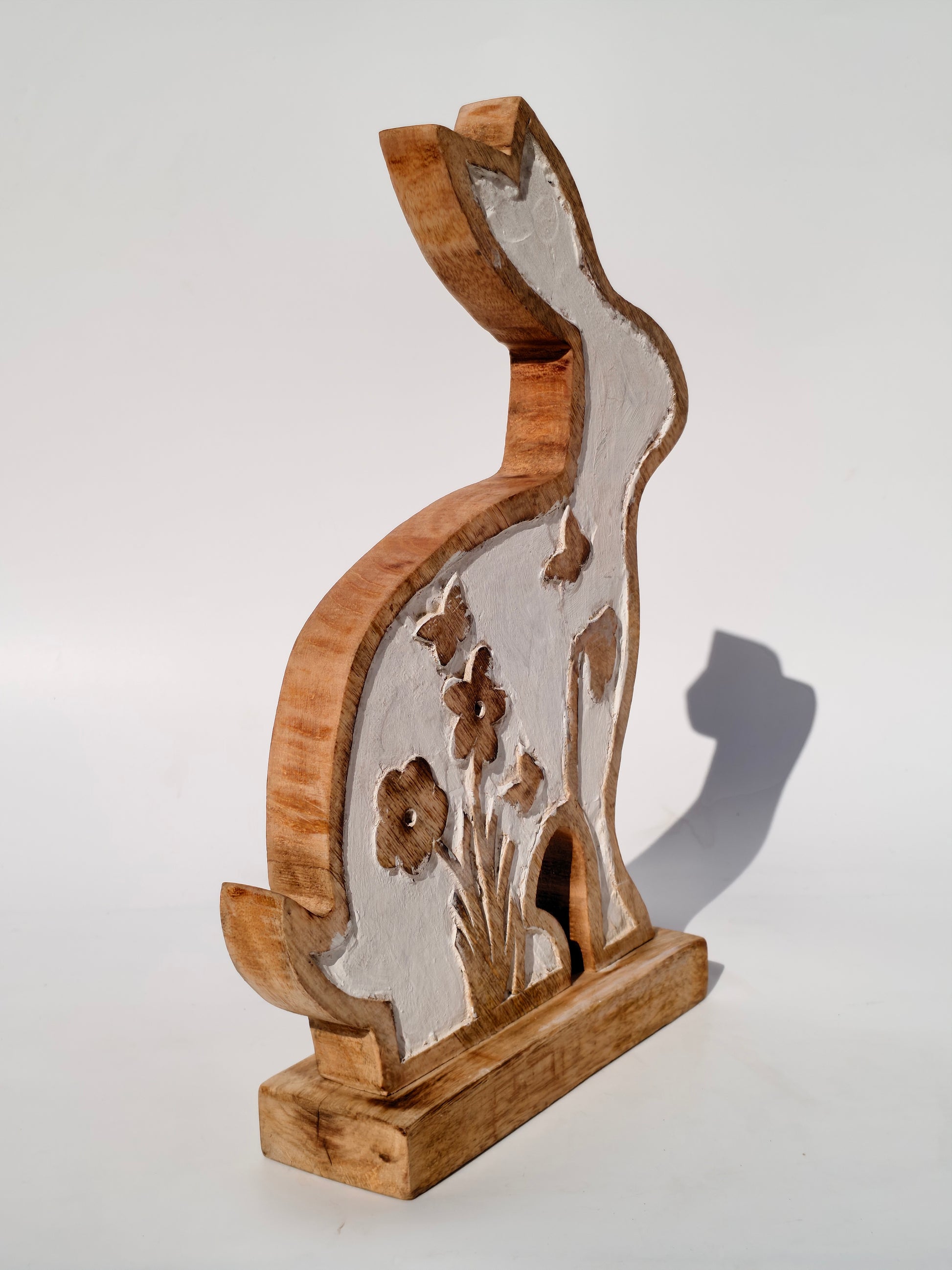 Handcrafted Wooden Bunny with Floral Carving – Rustic White Finish