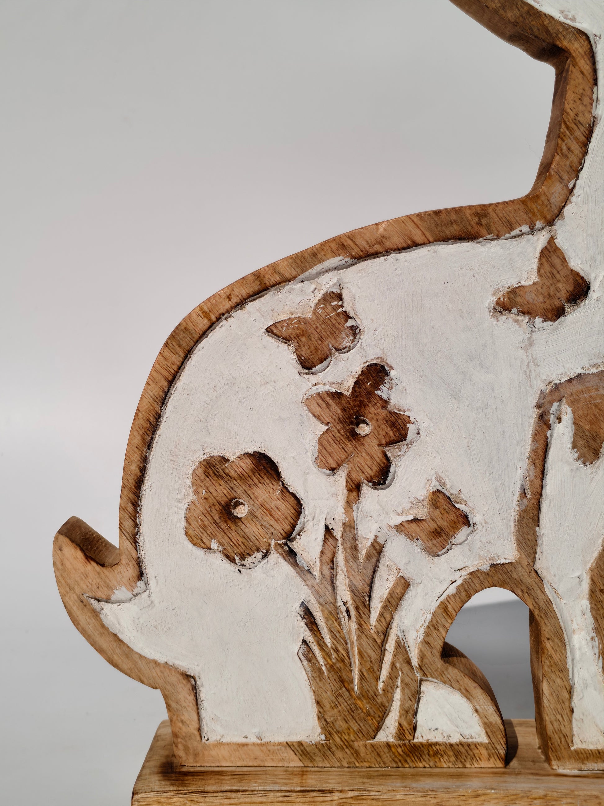 Handcrafted Wooden Bunny with Floral Carving – Rustic White Finish