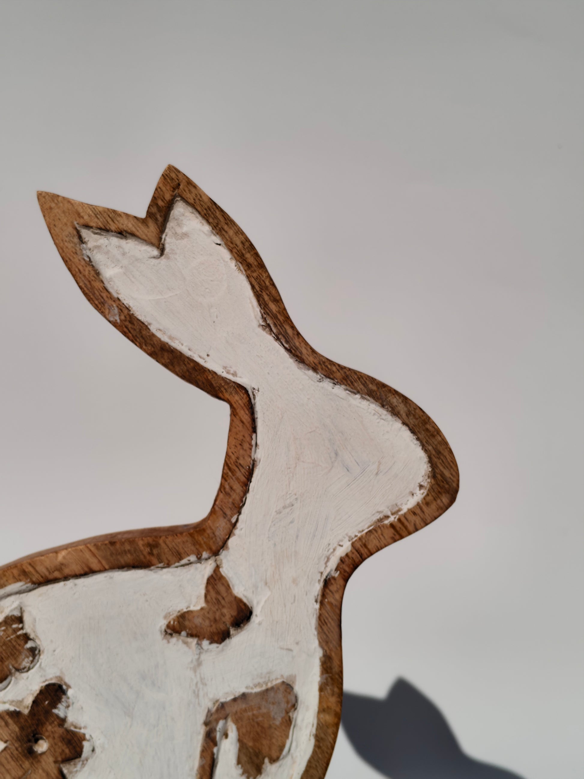 Handcrafted Wooden Bunny with Floral Carving – Rustic White Finish