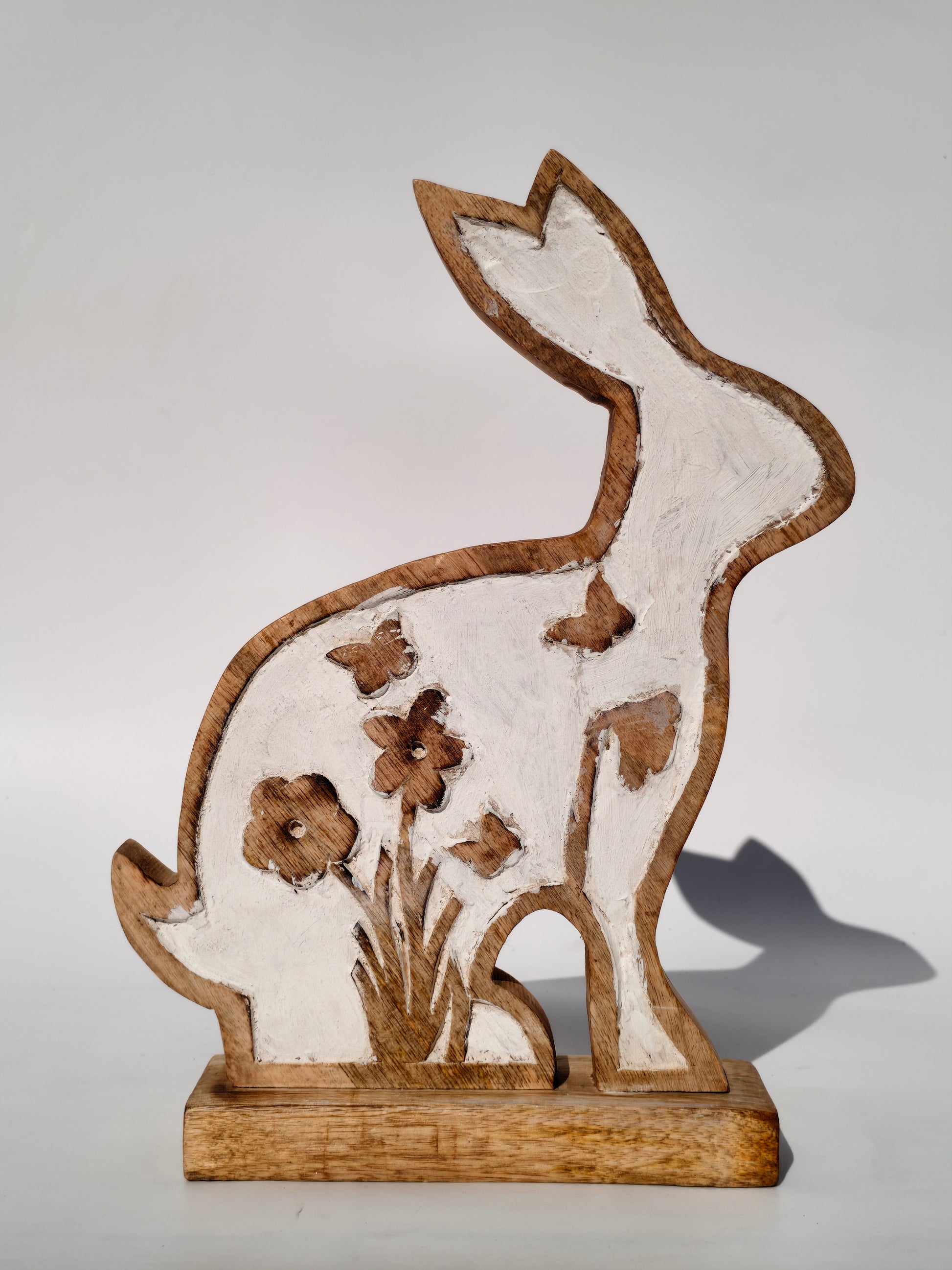 Handcrafted Wooden Bunny with Floral Carving – Rustic White Finish